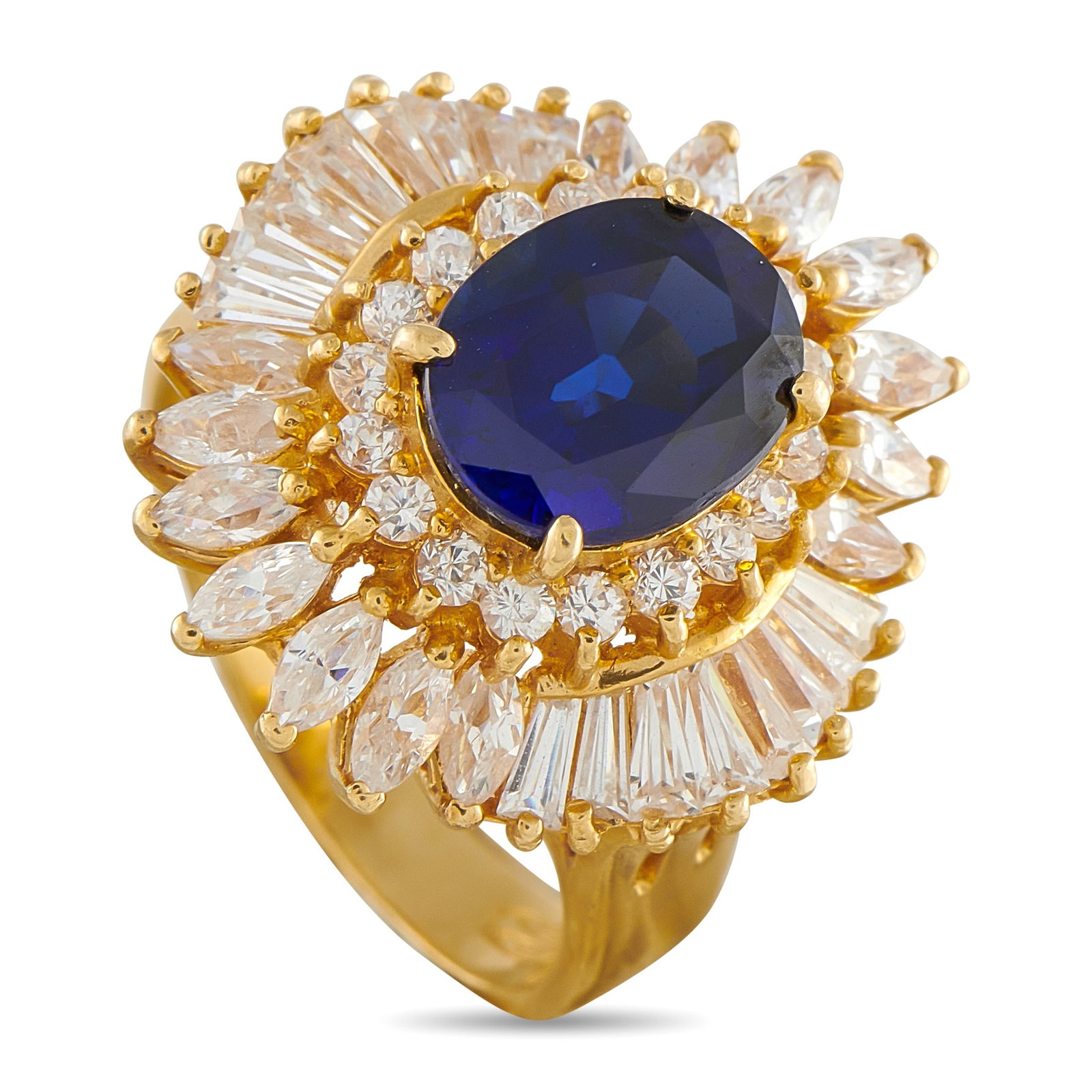18K Yellow Gold 1.68ct Diamond and Sapphire Ring: This impeccably crafted ring will effortlessly catch the light. On this exquisite accessory, sparkling Diamonds with a total weight of 1.68 carats surround a 3.0 carat Sapphire center stone. Crafted