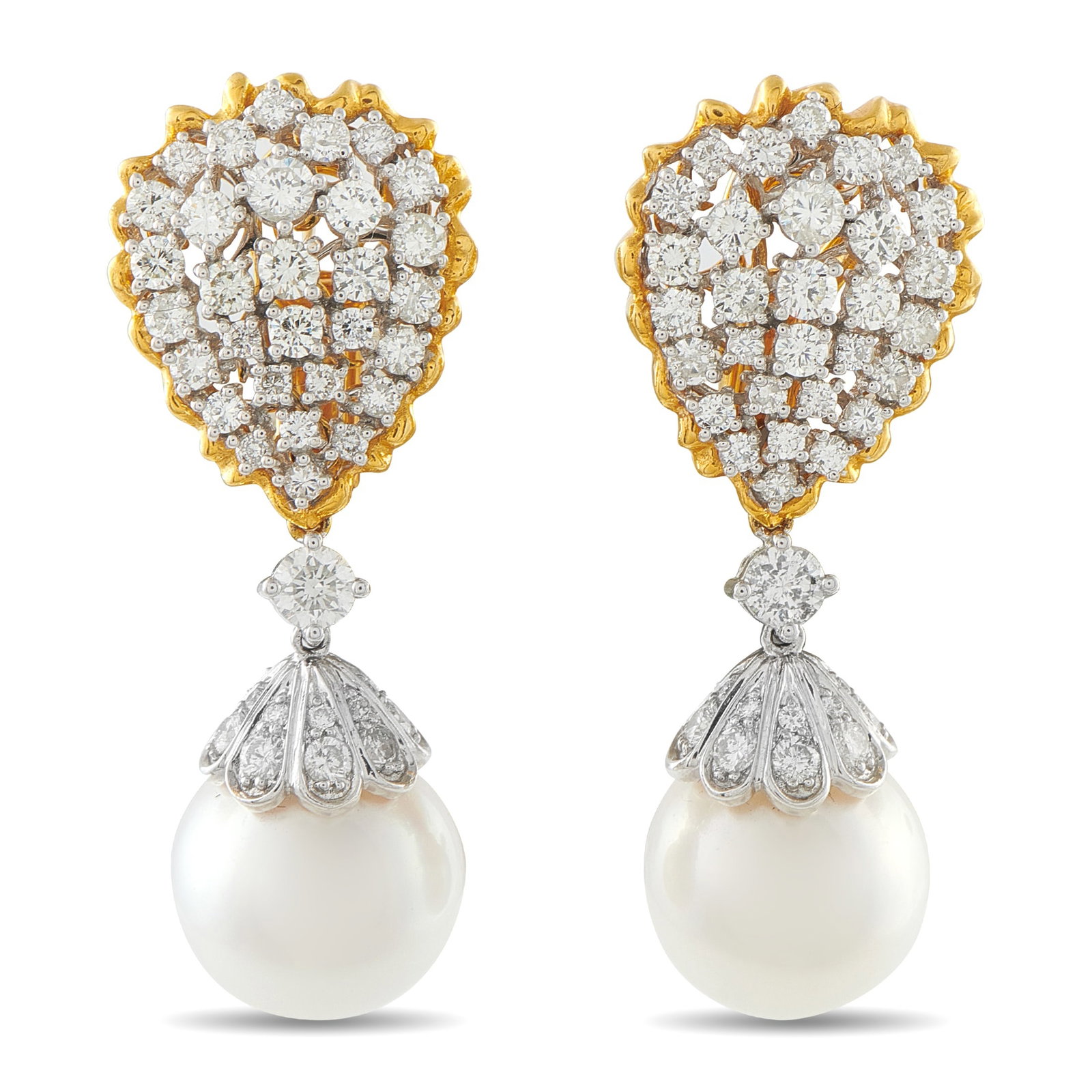 18K Yellow Gold 5.50ct Diamond and Pearl Earrings: Diamonds with a total weight of 5.50 carats make these luxury earrings simply stunning. Crafted from 18K Yellow Gold, 14.5mm Pearls dangle below the detailed settings. Each earring measures 1.88&rdquo