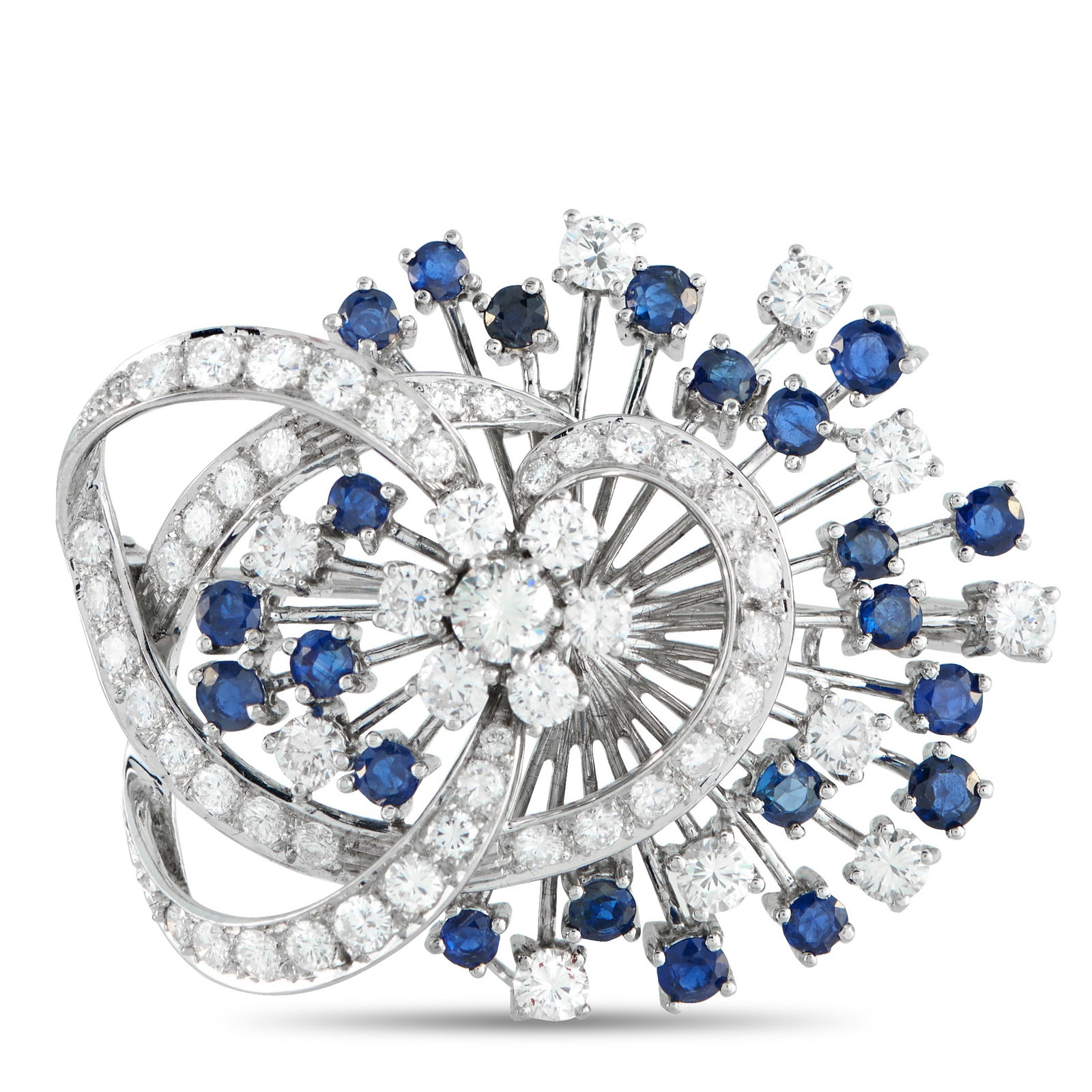 18K White Gold 3.50ct Diamond and Sapphire Brooch: A chic, contemporary design makes this brooch instantly eye-catching. Diamonds with a total weight of 3.50 carats make it come alive every time it catches the light, while Sapphires totaling 1.25 cara