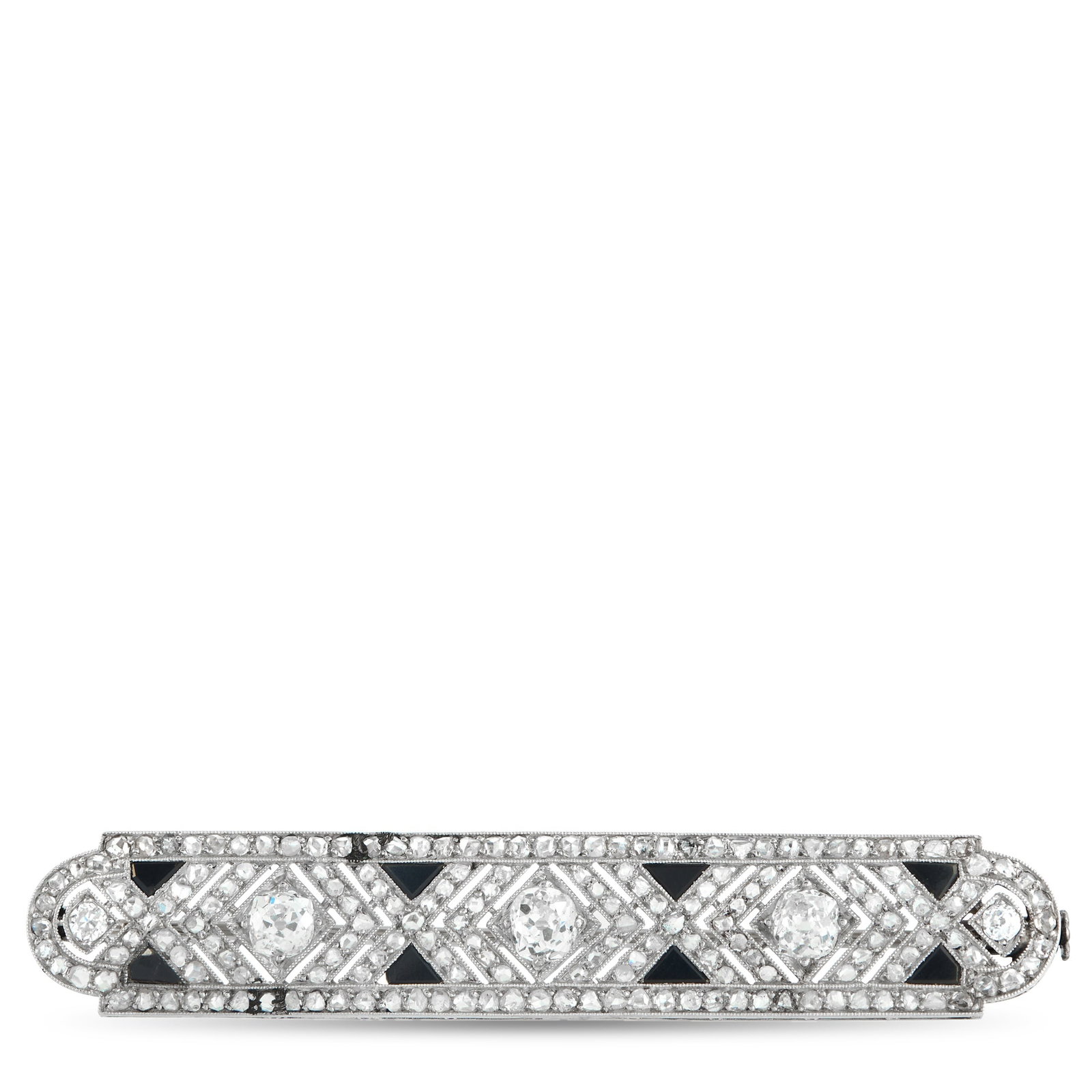 French Antique 18K White Gold 2.0ct Diamond and Onyx Brooch: This French Antique brooch exudes Art Deco opulence. The sleek, sophisticated design comes to life thanks to sparkling Diamonds totaling 2.0 carats. Onyx accents offer beautiful contrast from their pl