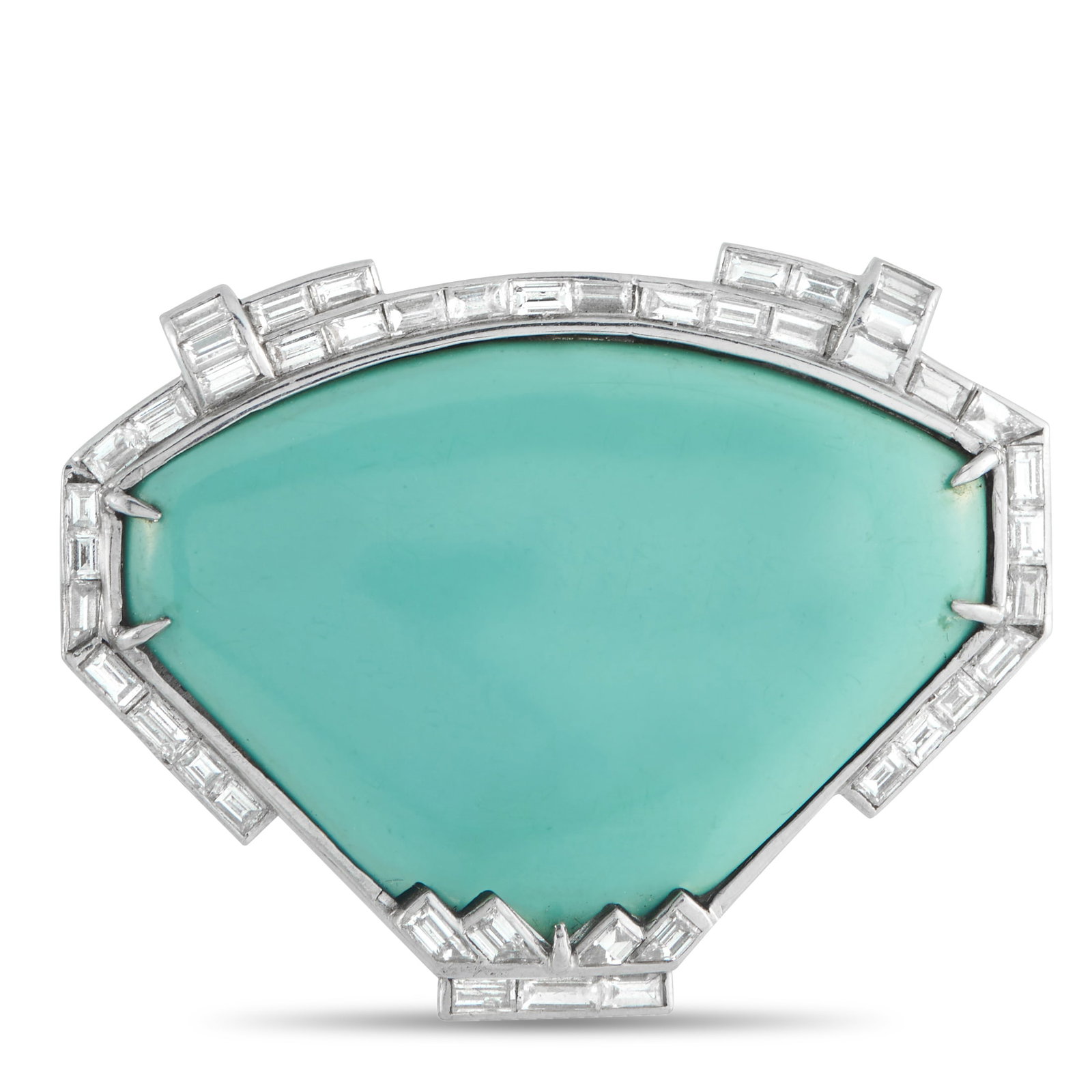 Antique 18K White Gold 2.0ct Diamond and Turquoise Brooch: A Turquoise gemstone makes a statement at the center of this exquisite antique brooch. Simple yet incredibly eye-catching, the 18K White Gold setting is elevated by Diamond accents totaling 2.0 carats