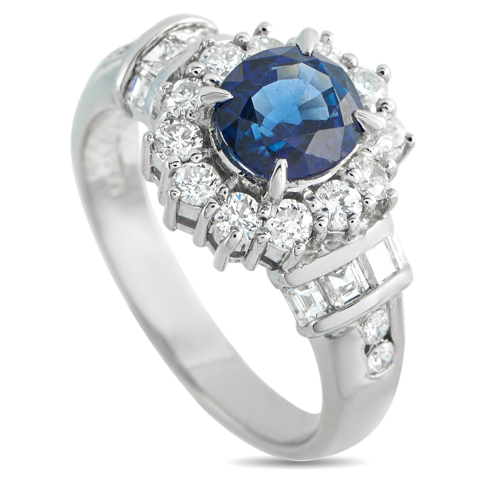 Platinum 1.64ct Diamond and Sapphire Ring: This dazzling ring is full of exquisite details. A vibrant Sapphire makes a statement at the center, while Diamonds totaling 1.64 carats allow this piece to effortlessly catch the light. Set in Platin