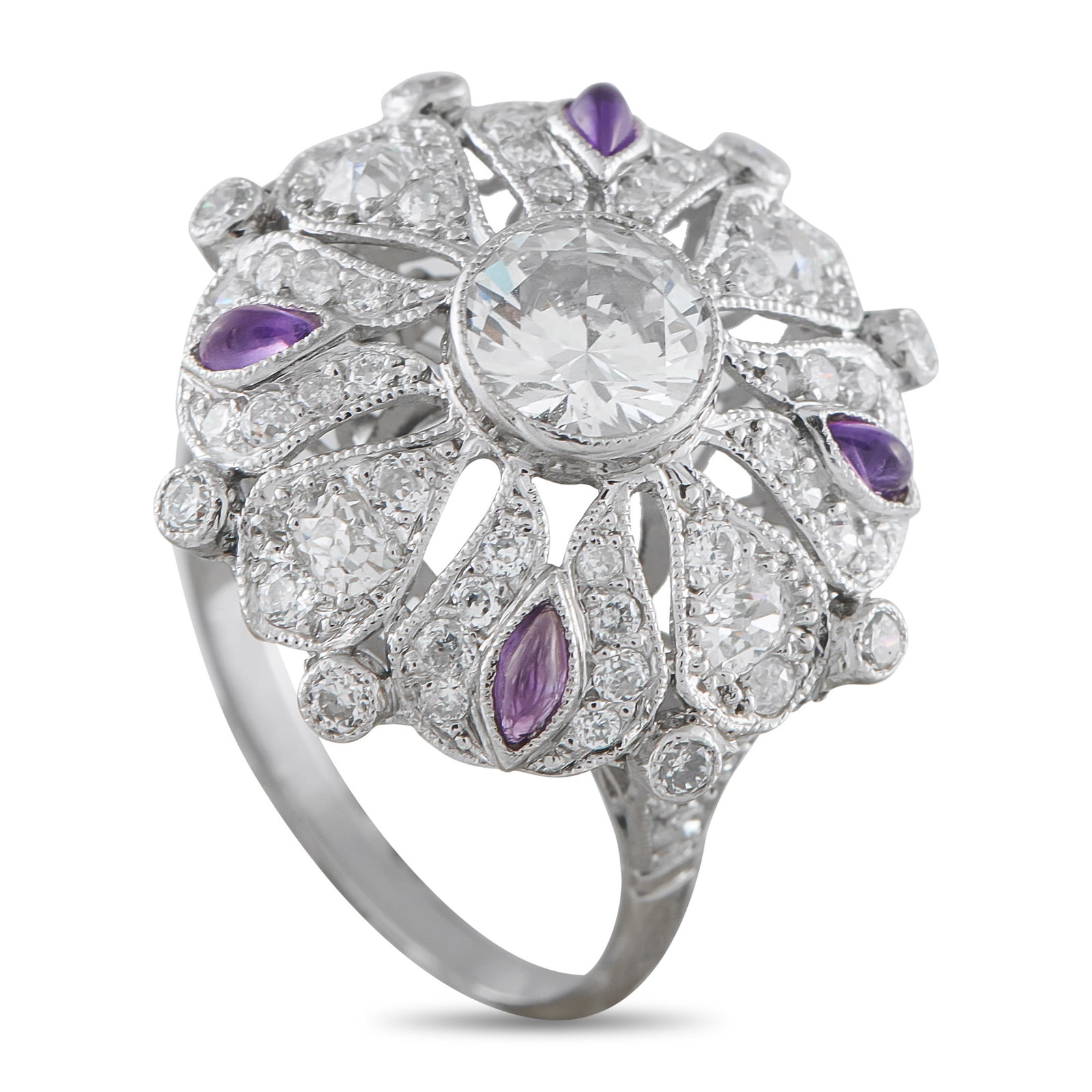 Platinum 2.05ct Diamond Art Deco Flower Ring: Airy yet intricate, this Art Deco-inspired flower ring balances finger coverage with a light, enduring form. The 2mm slim band is crafted in platinum, with diamond-set split shoulders that support a c