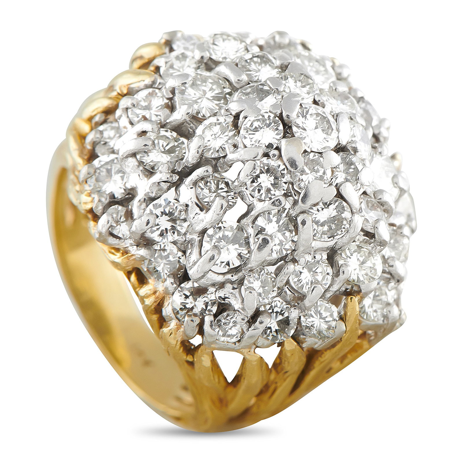 18K Yellow and White Gold 3.5ct Diamond Cluster Ring: Drawing on botanical influence, this ring calls to mind the image of a diamond-laden bush in bloom. A textured yellow gold band, measuring 3mm, splits into multiple branch-like stems that spread upwar