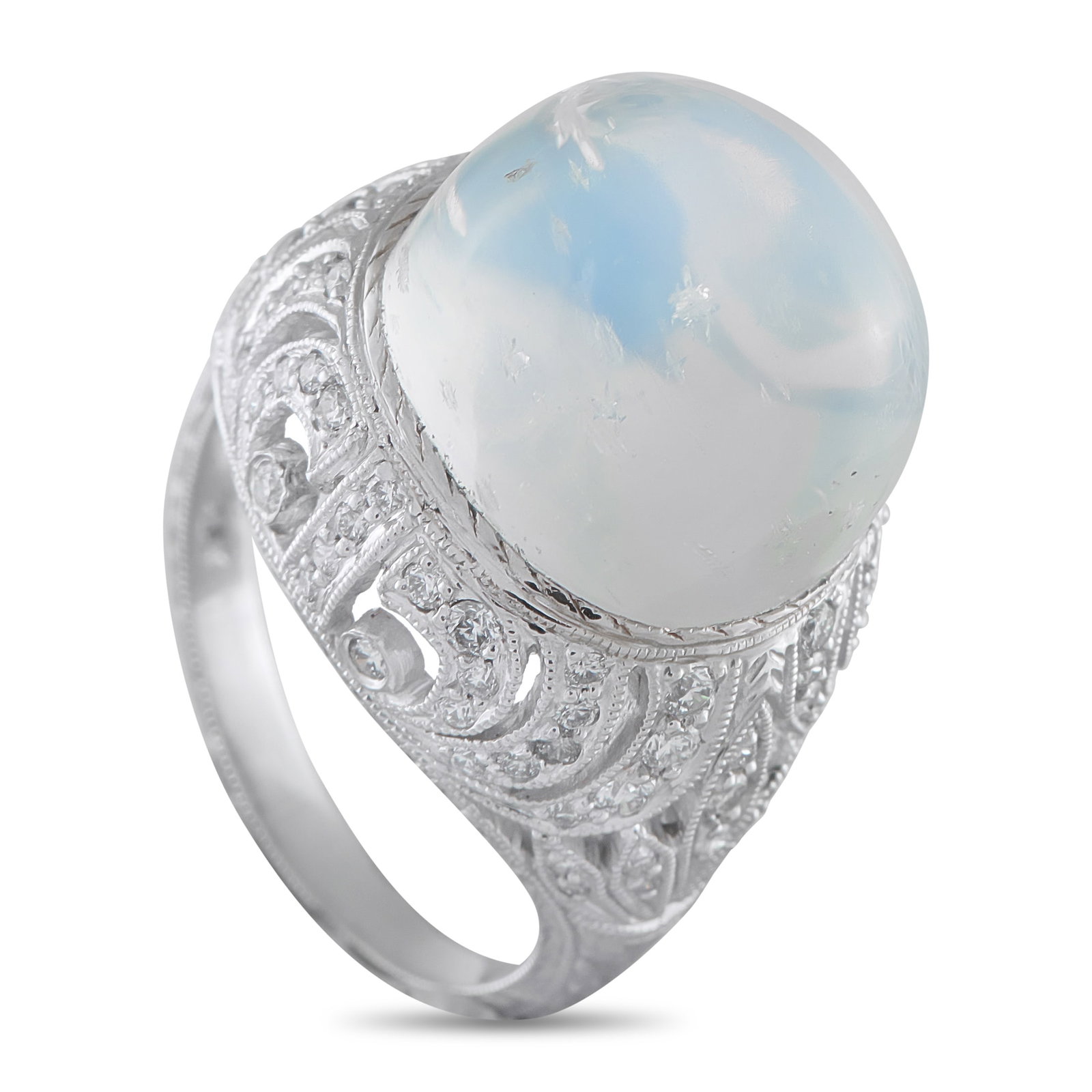 Platinum 0.38ct Diamond and Moonstone Cocktail Ring: Like the moon at its fullest, this mystical ring draws the eye with a hypnotic glow. A 13-carat moonstone cabochon crowns the design, its domed surface set high to reach a 17mm top height. Swirling pl
