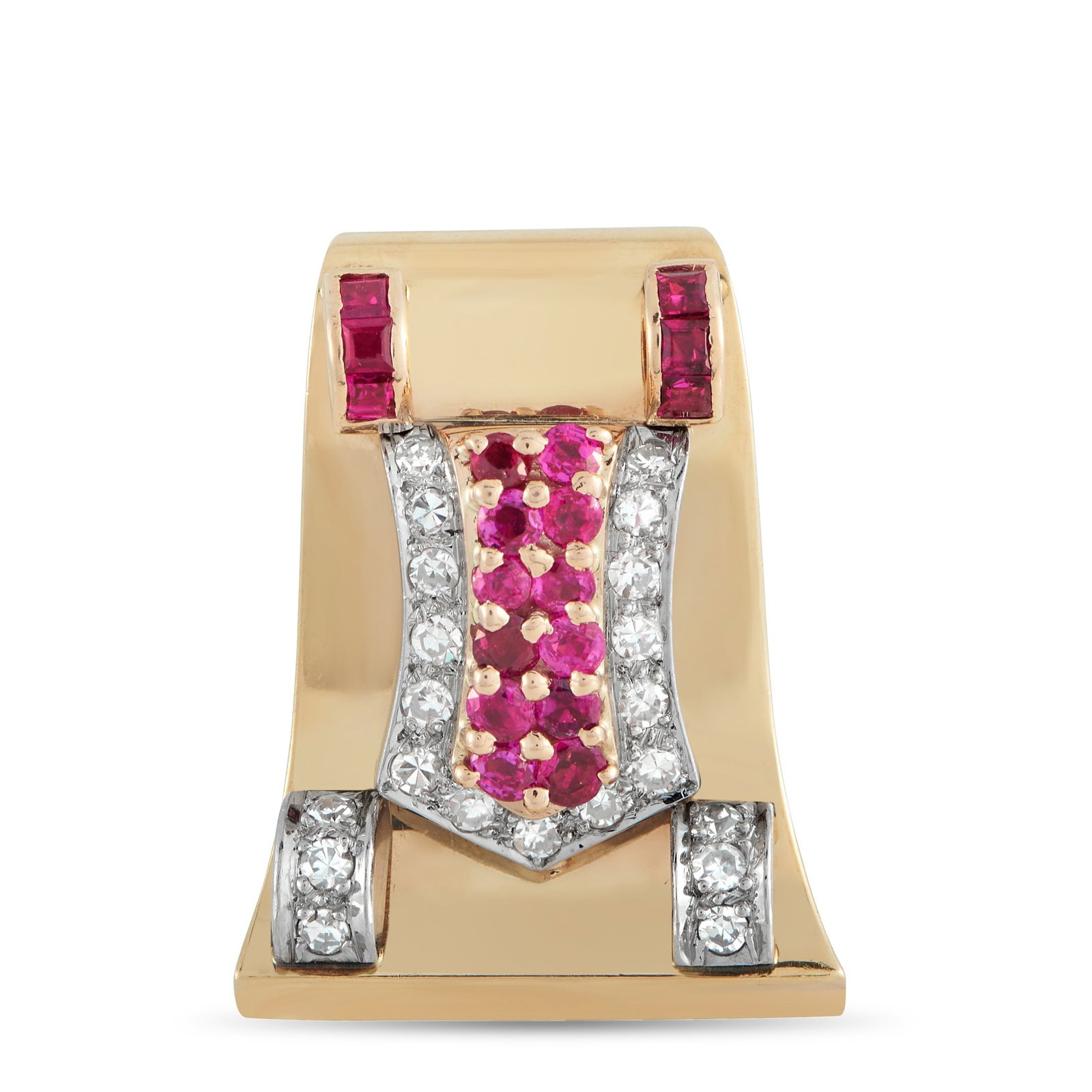 14K Yellow Gold Diamond and Ruby Retro Brooch: A striking, architectural design makes this retro brooch a dramatic addition to any ensemble. Crafted from lustrous 14K Yellow Gold, the unique arrangement of Diamond and Ruby gemstones will continual
