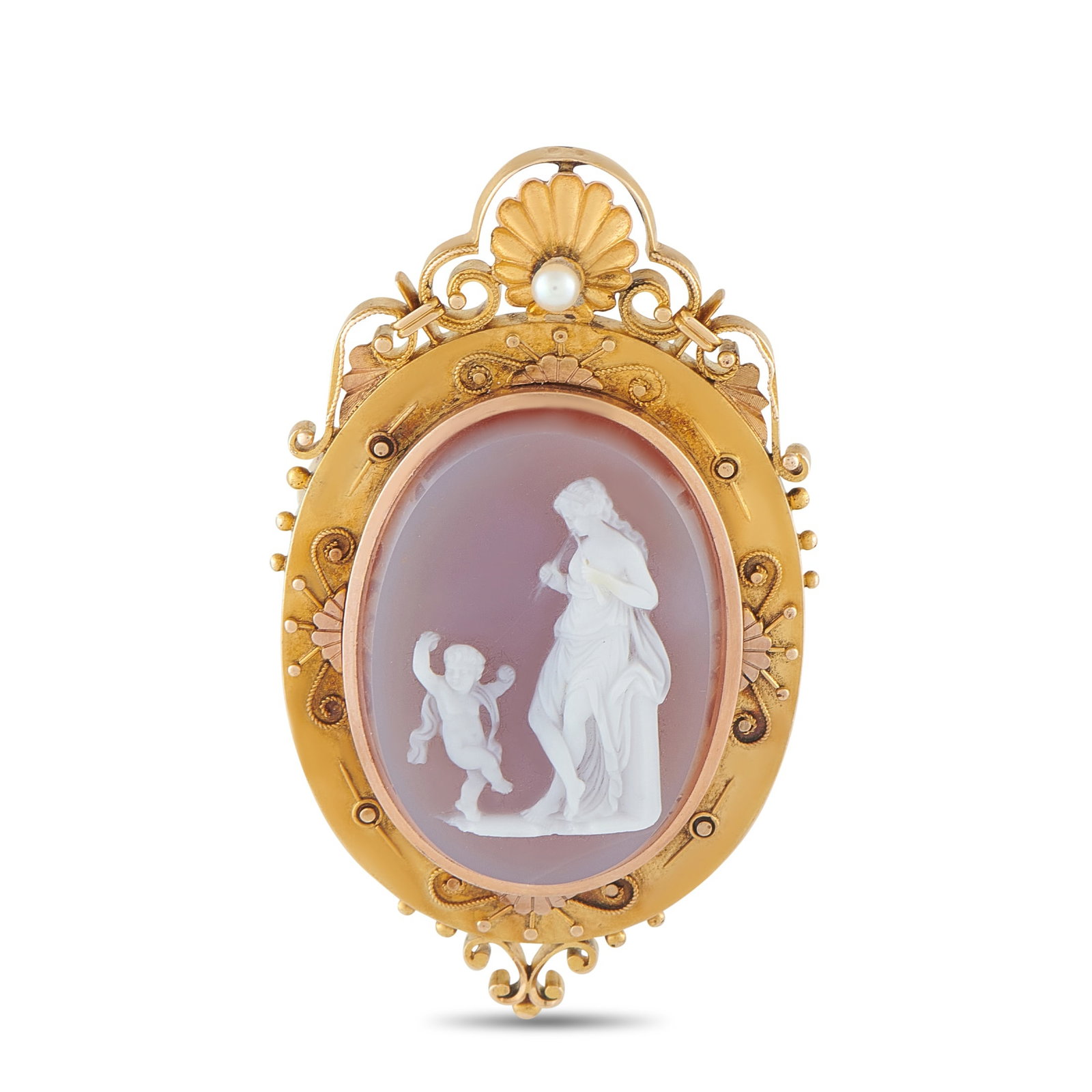 14K Yellow Gold Cameo Locket: This locket pendant exudes old fashioned elegance. At the center, the classic cameo design depicts a mother and a child against a blush backdrop. Filled with exquisite details, a pearlescent accent el