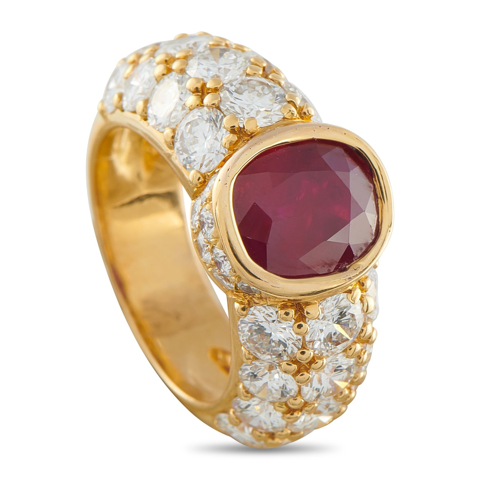 18K Yellow Gold 4.40ct Diamond and Burma Ruby Ring: Cast in 18k yellow gold, this cocktail ring showcases a 4.09 ct vivid red Burmese ruby with certified indications of thermal treatment. The faceted stone is secured in a full bezel, allowing its color