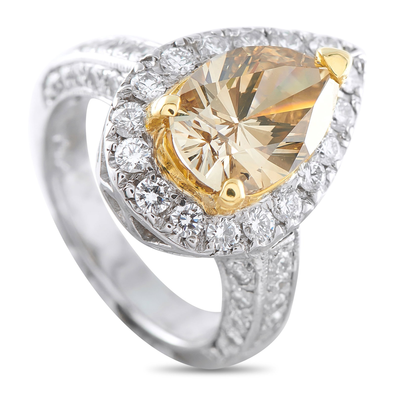 14K White Gold 4.08ct Diamond Ring: A 3.08 carat pear-shaped Diamond center stone with a golden-brown hue allows this luxury ring to come alive with color. Stylish and statement-making, additional Diamonds with a total weight of 1.0 car