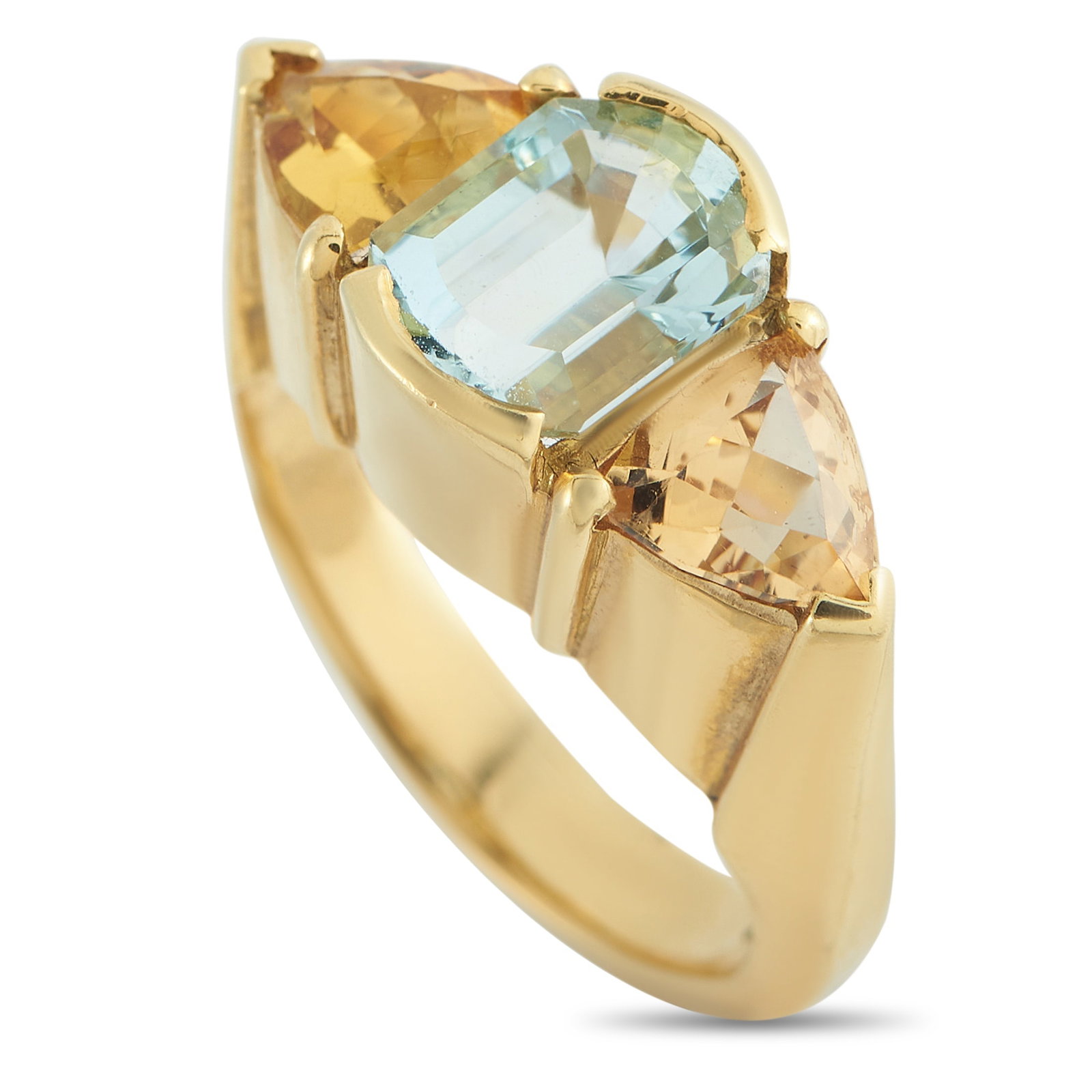 18K Yellow Gold 3.0ct Aquamarine and Citrine Ring: Colorful gemstones make this ring an opulent addition to any luxury jewelry collection. The sleek, sophisticated 18K Yellow Gold setting beautifully showcases the 3.0 carat Aquamarine center stone. Ci