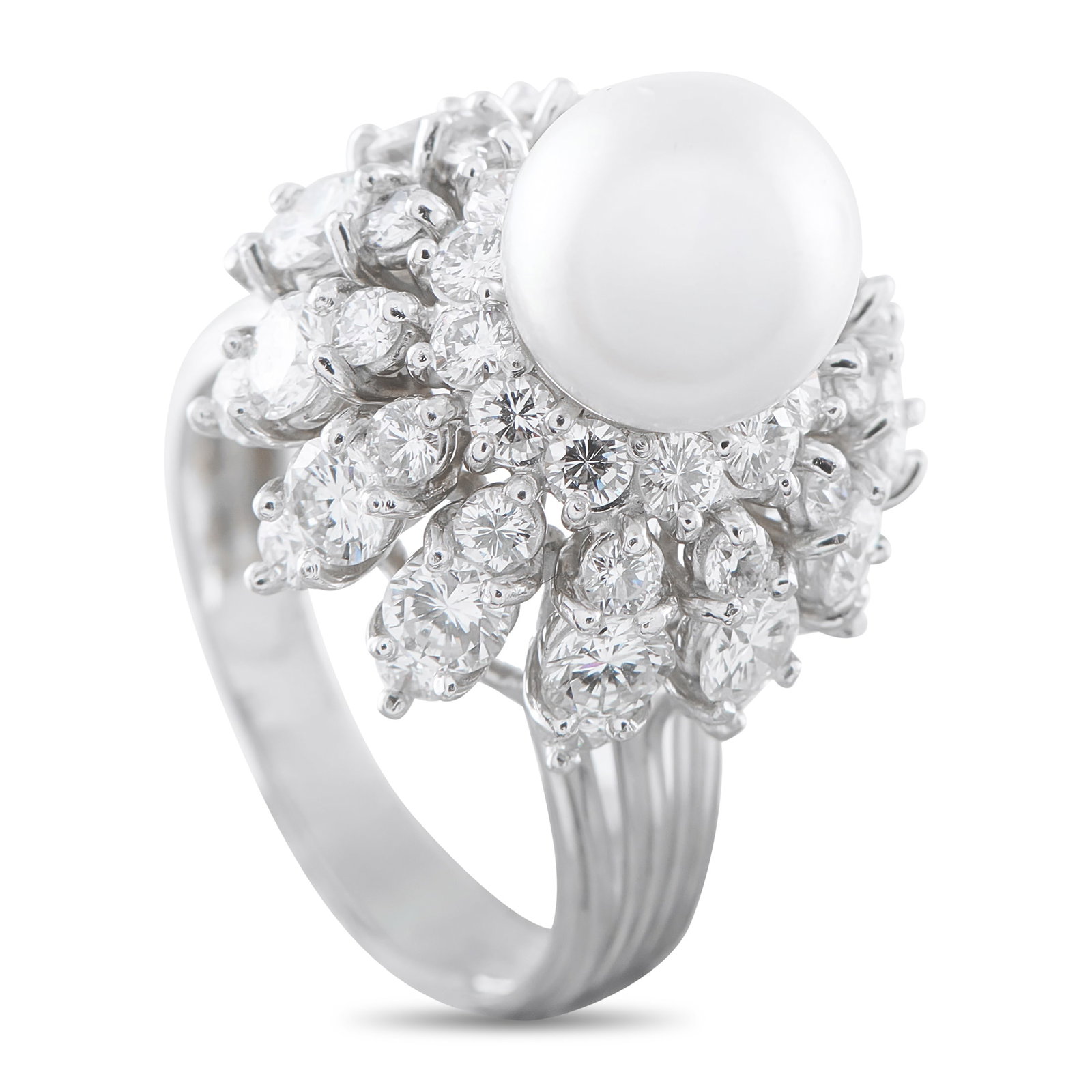 Platinum 2.76ct Diamond and Pearl Ring: A 9mm Pearl offers a stunning alternative to a traditional center stone on this impressive luxury ring. Sparkling Diamonds with a total weight of 2.76 carats surround the center stone, further elevati