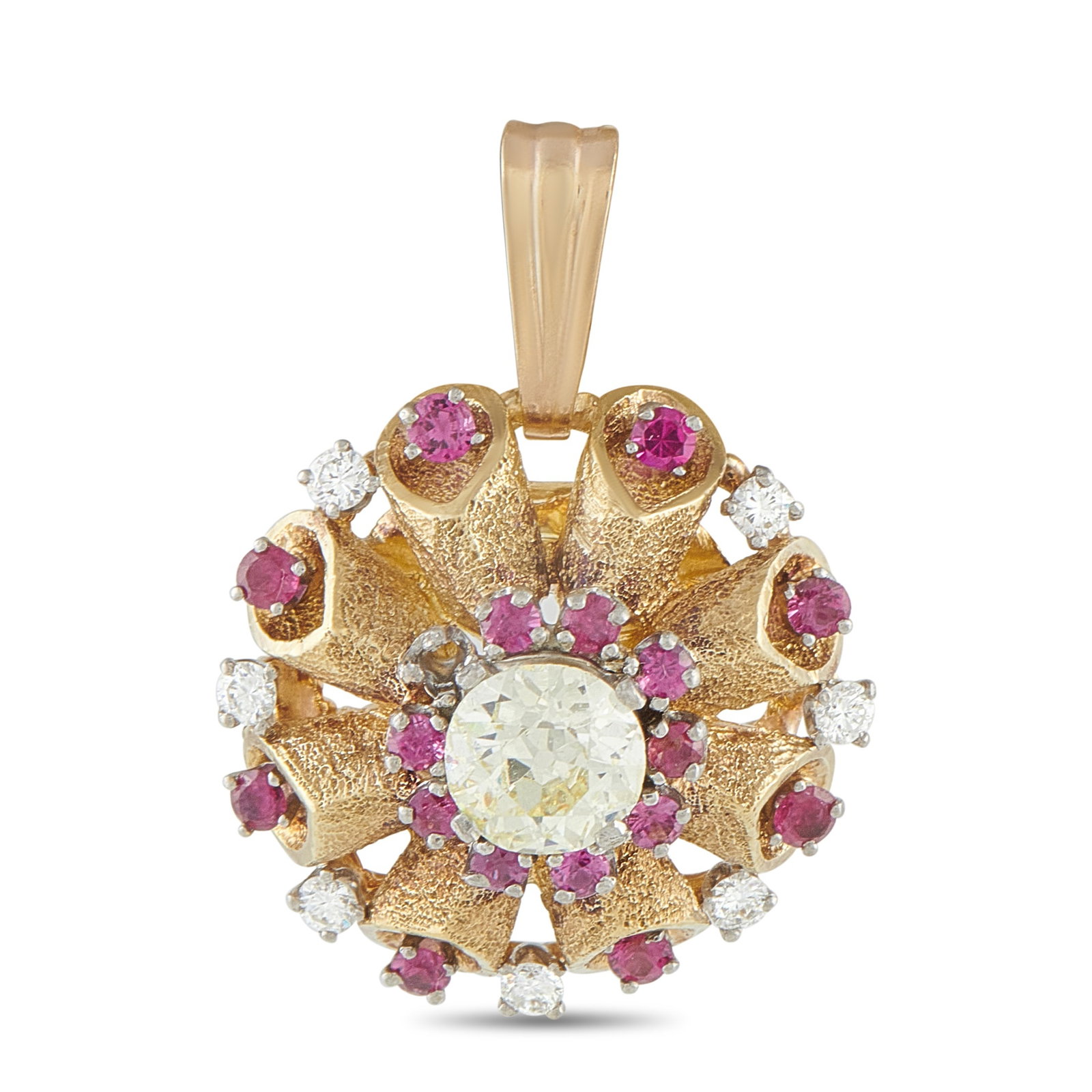 18K Rose Gold 1.50ct Diamond and Ruby Pendant: This 18K Rose Gold pendant is incredibly chic. The circular setting comes to life thanks to a dazzling 1.20 carat Diamond center stone. Ruby gemstones and additional Diamond accents totaling 0.30 cara