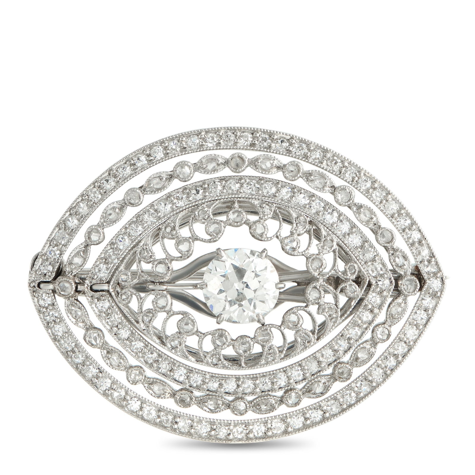 Platinum, 18K White Gold 2.0ct Diamond Brooch: An intricate setting makes this luxury brooch a breathtaking addition to any ensemble. Bold and incredibly impressive, it includes a 1.0 carat Diamond center stone and additional Diamond accents total