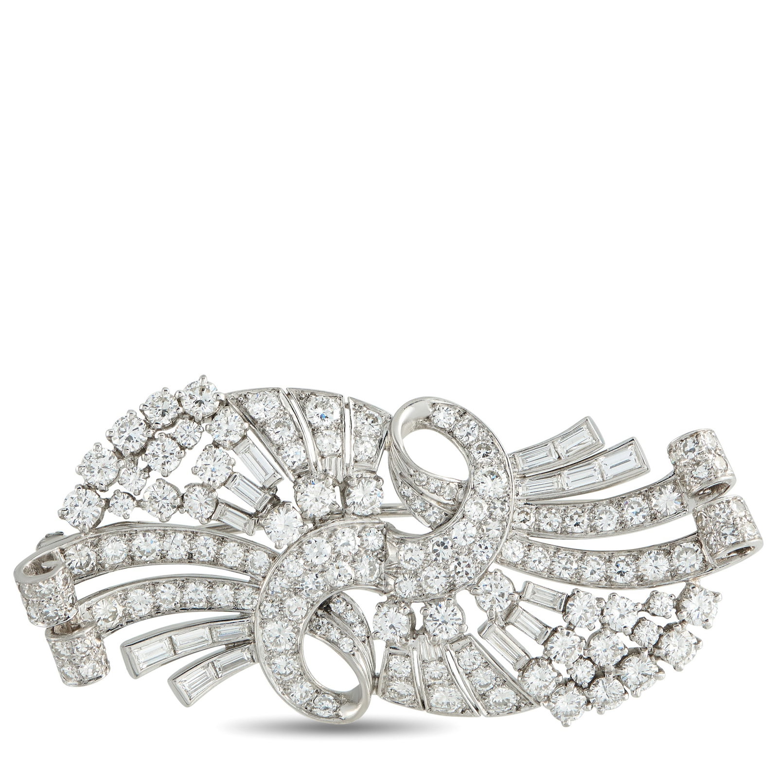 Platinum 6.0ct Diamond Brooch: This Platinum brooch will continually capture your imagination. Diamonds with a total weight of 6.0 carats allow it to effortlessly emanate light, adding a touch of sparkle to any ensemble. It measure