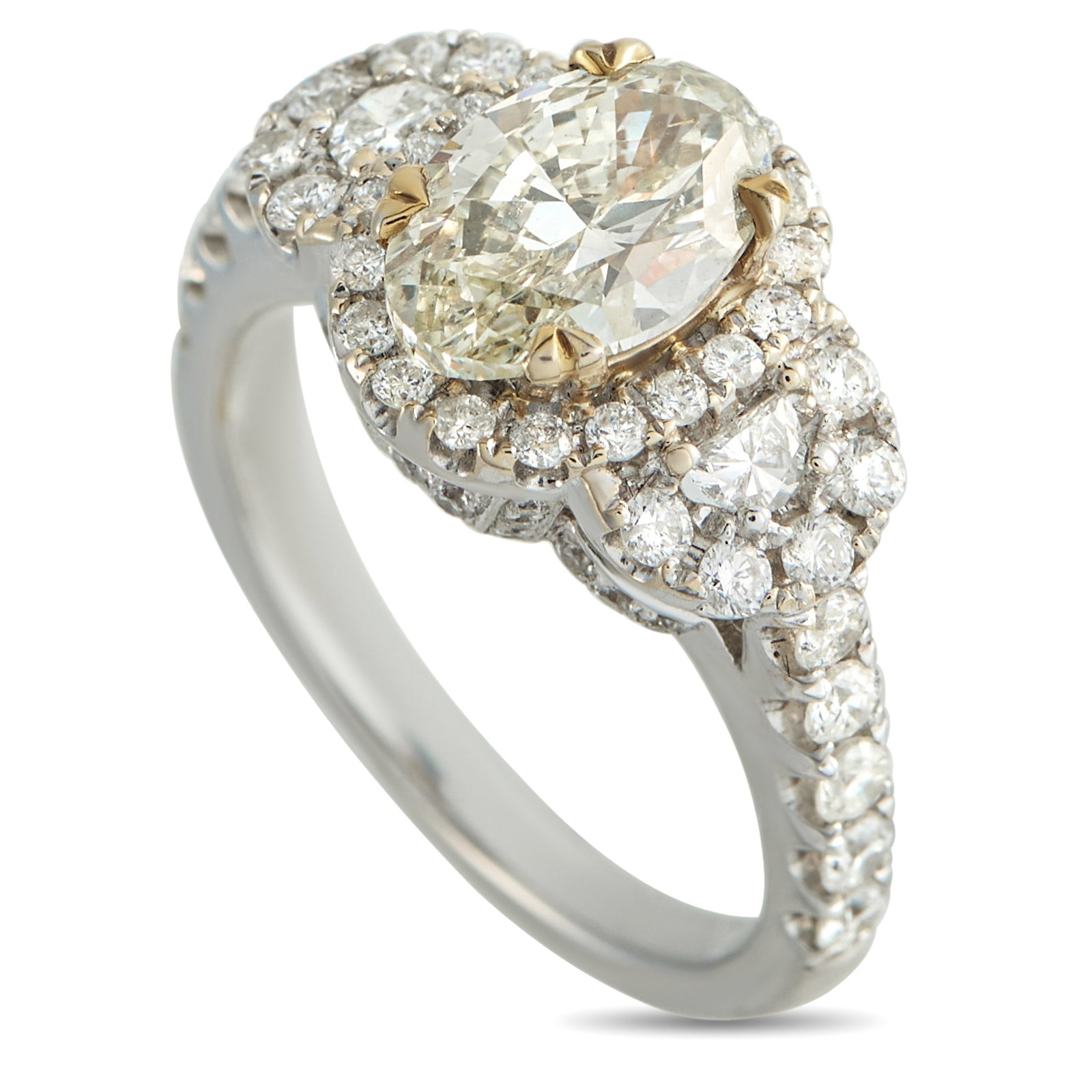 18K White Gold 2.70ct Diamond Ring: A sparkling 1.50 carat Diamond center stone adds a touch of warmth to this exquisite luxury ring. Additional Diamonds with a total weight of 1.20 carats surround the center stone and extend onto the