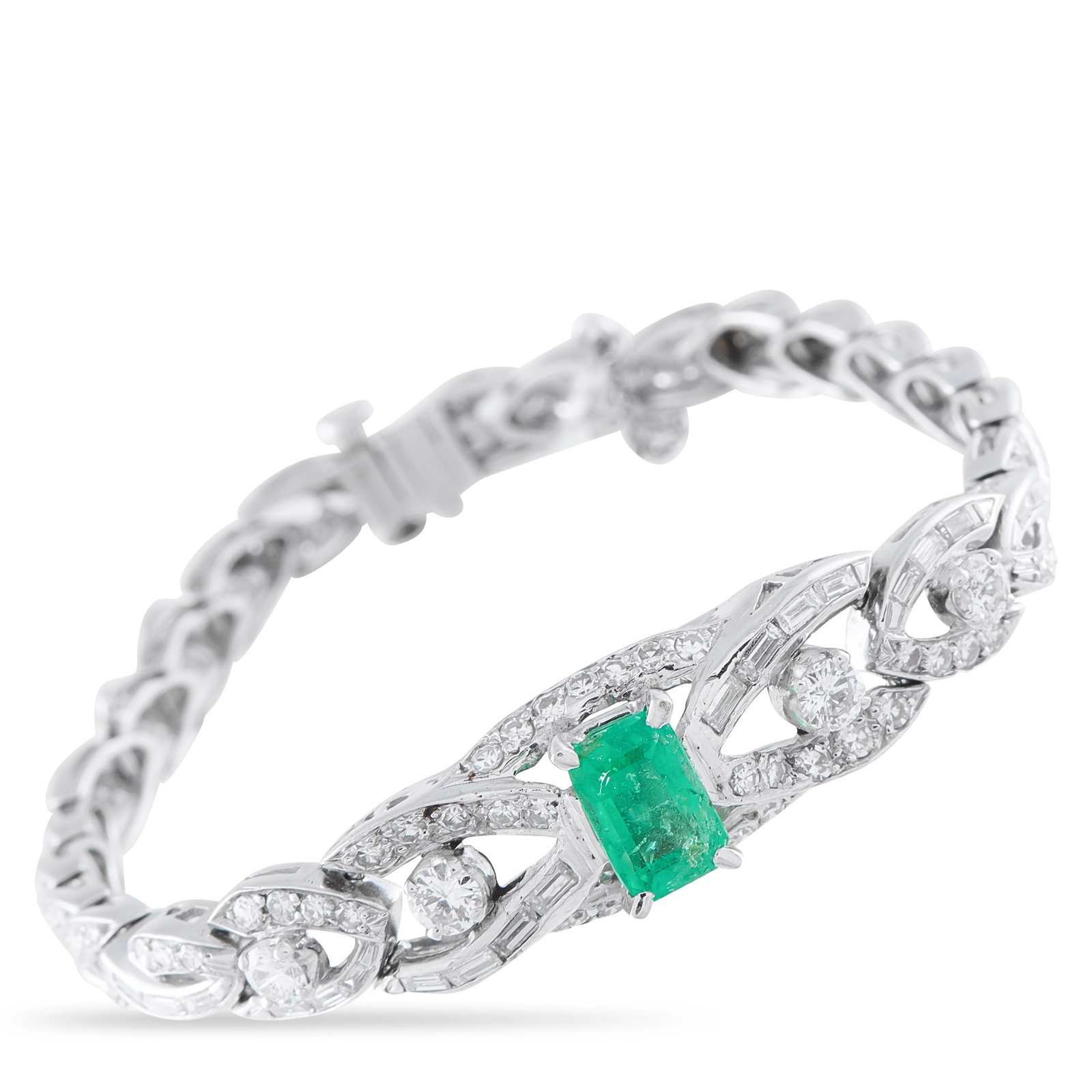 Platinum 2.30ct Diamond and Emerald Bracelet: Add old fashioned elegance to any ensemble with this dazzling bracelet. Diamonds with a total weight of 2.30 carats make it a stunning piece that will continually catch the light. At the center, a 1.7