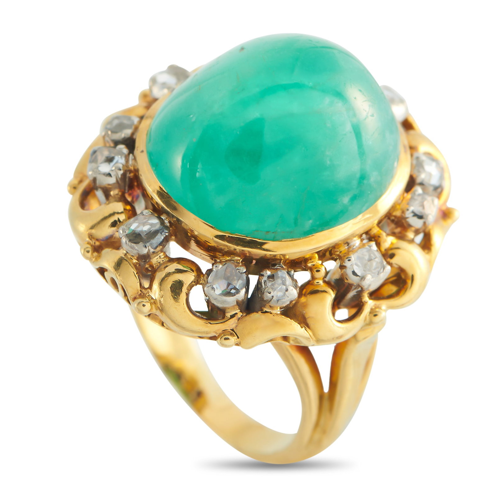 18K Yellow Gold 0.50ct Diamond and Emerald Ring: A 20.0 carat Emerald cabochon center stone makes this luxury ring positively breathtaking. Along with a detailed 18K Yellow Gold setting, this stylish accessory comes complete with Diamond accents tot