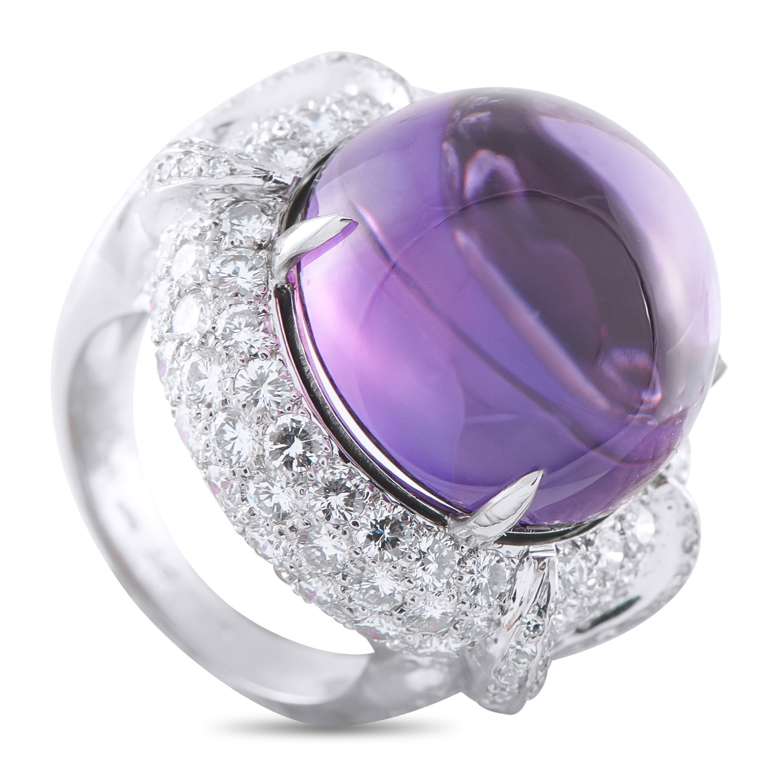 Platinum 3.50ct Diamond and Amethyst Ring: A vibrant 21.0 carat Amethyst center stone makes this ring impossible to ignore. Incredibly bold, the Platinum setting sparkles and shines thanks to inset Diamonds with a total weight of 3.50 carats.
