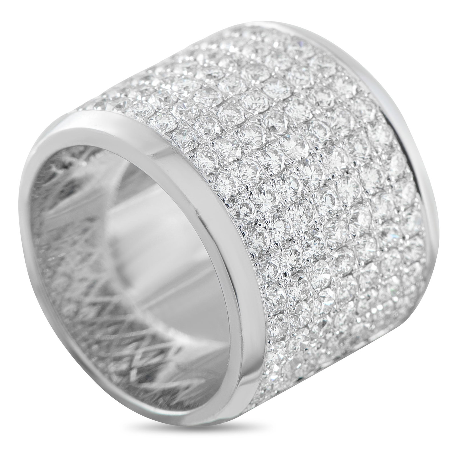 18K White Gold 2.38ct Diamond Wide Band: Pave Diamonds with a total weight of 2.38 carats make this luxury ring impossible to ignore. Crafted from 18K White Gold, it measures 17mm wide and features a 2mm top height. This jewelry piece is