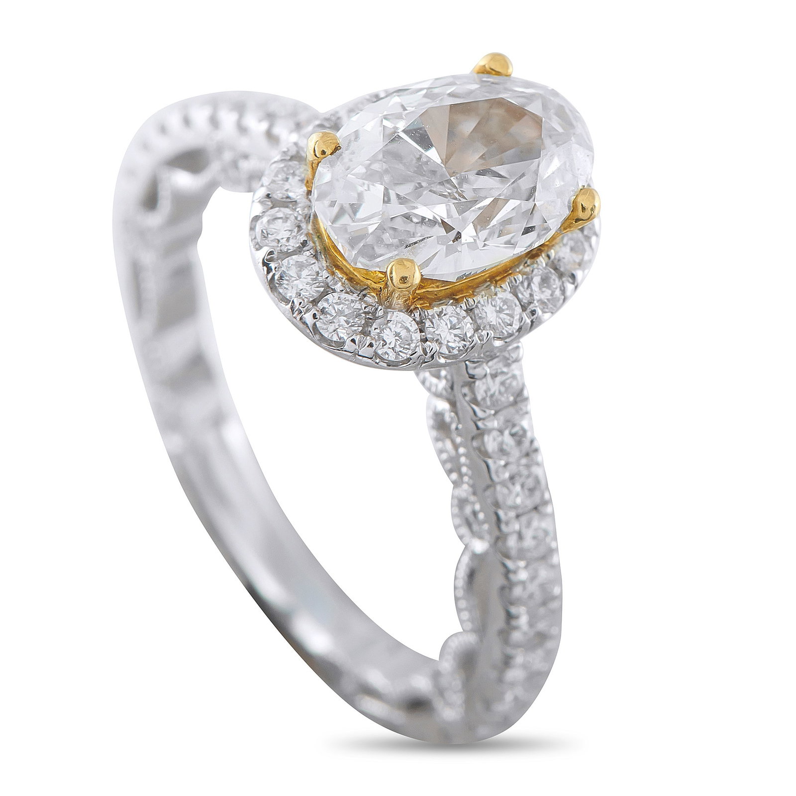 18K White Gold 2.99ct Diamond Ring: An intricate 18K White Gold setting makes this heirloom quality ring breathtaking from every angle. At the center, a 2.02 carat Diamond center stone adds a touch of warmth to the sophisticated design.