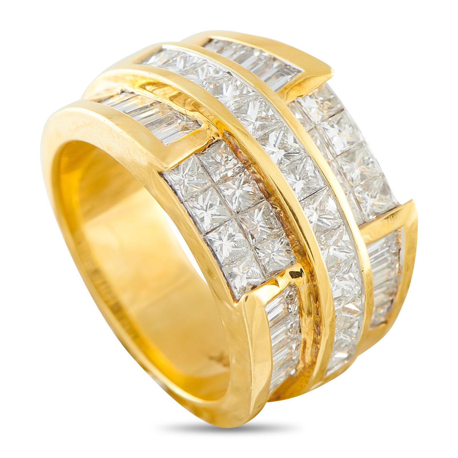 18K Yellow Gold 3.12ct Diamond Tiered Ring: This piece redefines the cocktail ring with a bold, structural presence. Its wide silhouette features a stepped geometry to showcase 3.12 carats of diamonds arranged to create a wall of light. Rather 