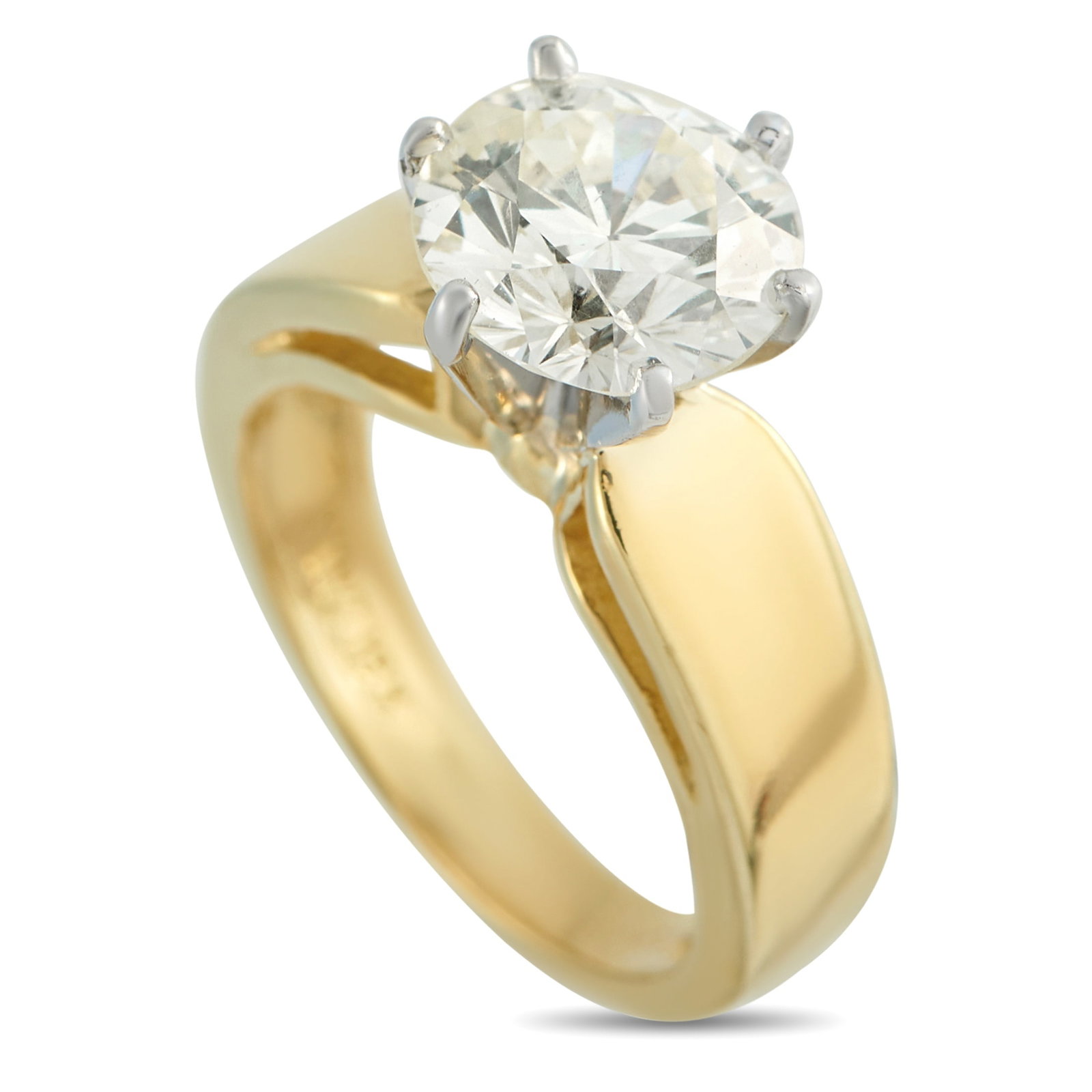 18K Yellow Gold 2.01ct Diamond Solitaire Ring: This exquisite Diamond solitaire ring is meant to make a statement. A 2.01 carat round-cut Diamond center stone offers endless sparkle, while the bold 18K Yellow Gold setting exudes old fashioned eleg