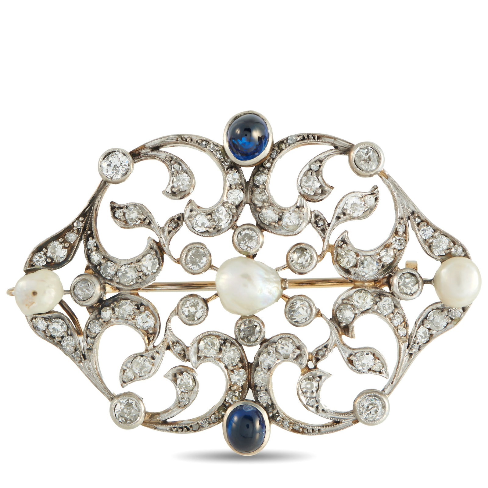 Platinum 4.0ct Diamond, Sapphire, and Natural Pearl Brooch: This intricate Platinum brooch is filled with dramatic details. The openwork setting comes to life thanks to sparkling Diamonds totaling 4.0 carats and Sapphires totaling 3.0 carats. Natural Pearl acc