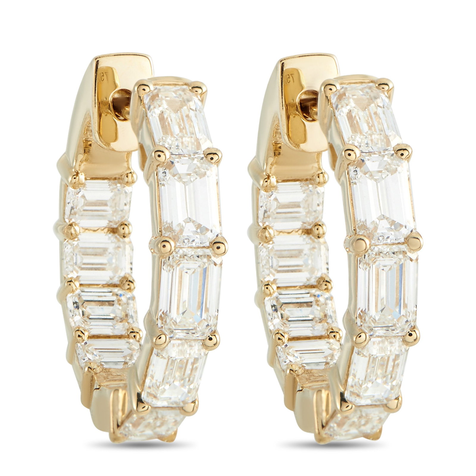 18K Yellow Gold 3.80ct Diamond Inside-Out Hoop Earrings: At 0.75 inches, these yellow gold hoops keep their profile compact while carrying diamonds all the way around. Baguette diamonds line the front in a vertical orientation, then shift horizontally along