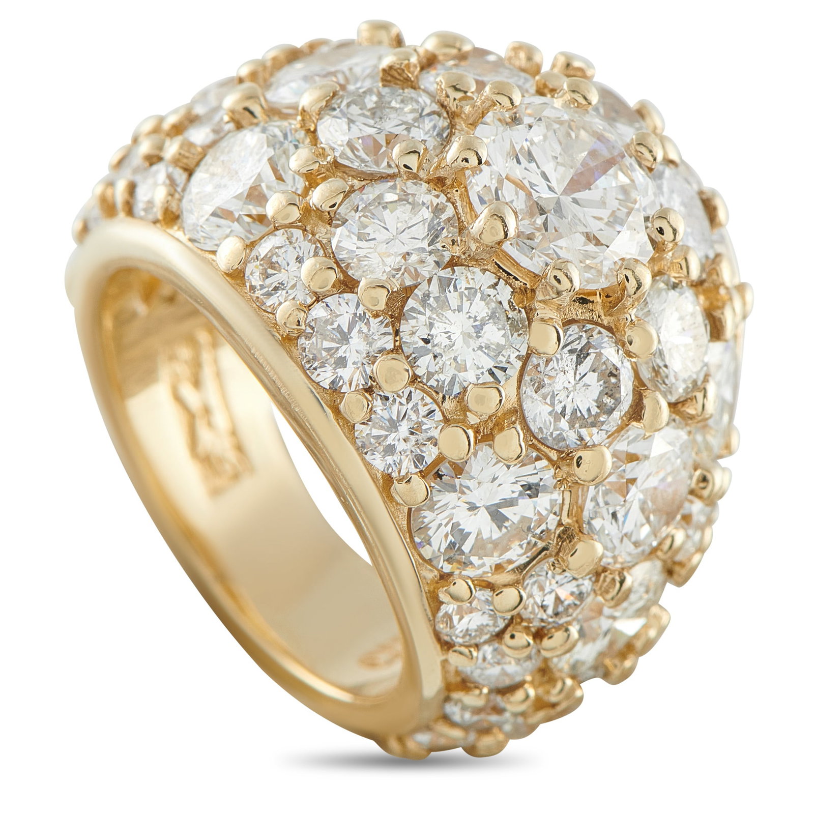 14K Yellow Gold 8.85ct Diamond Ring: A domed design beautifully showcases an array of sparkling Diamonds on this elegant ring. At the center, a 1.35 carat Diamond makes a stunning statement. It’s surrounded by additional Diamonds total
