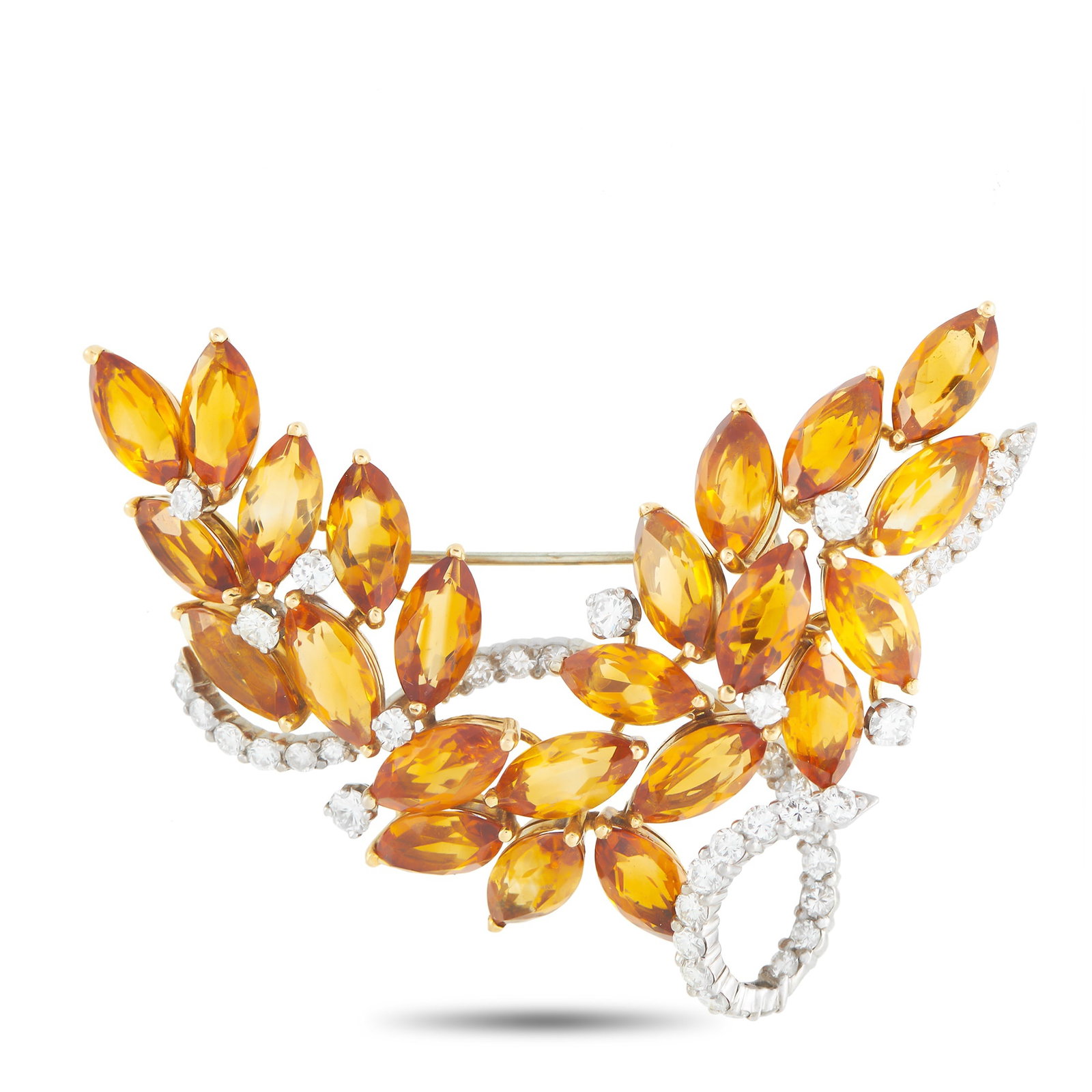 18K White Gold 1.90ct Diamond and Citrine Brooch: This luxury brooch is full of color, texture, and movement. Marquise cut Citrine gemstones with a total weight of 16.0 carats make this elegant accessory instantly eye-catching. Curved lines accented 