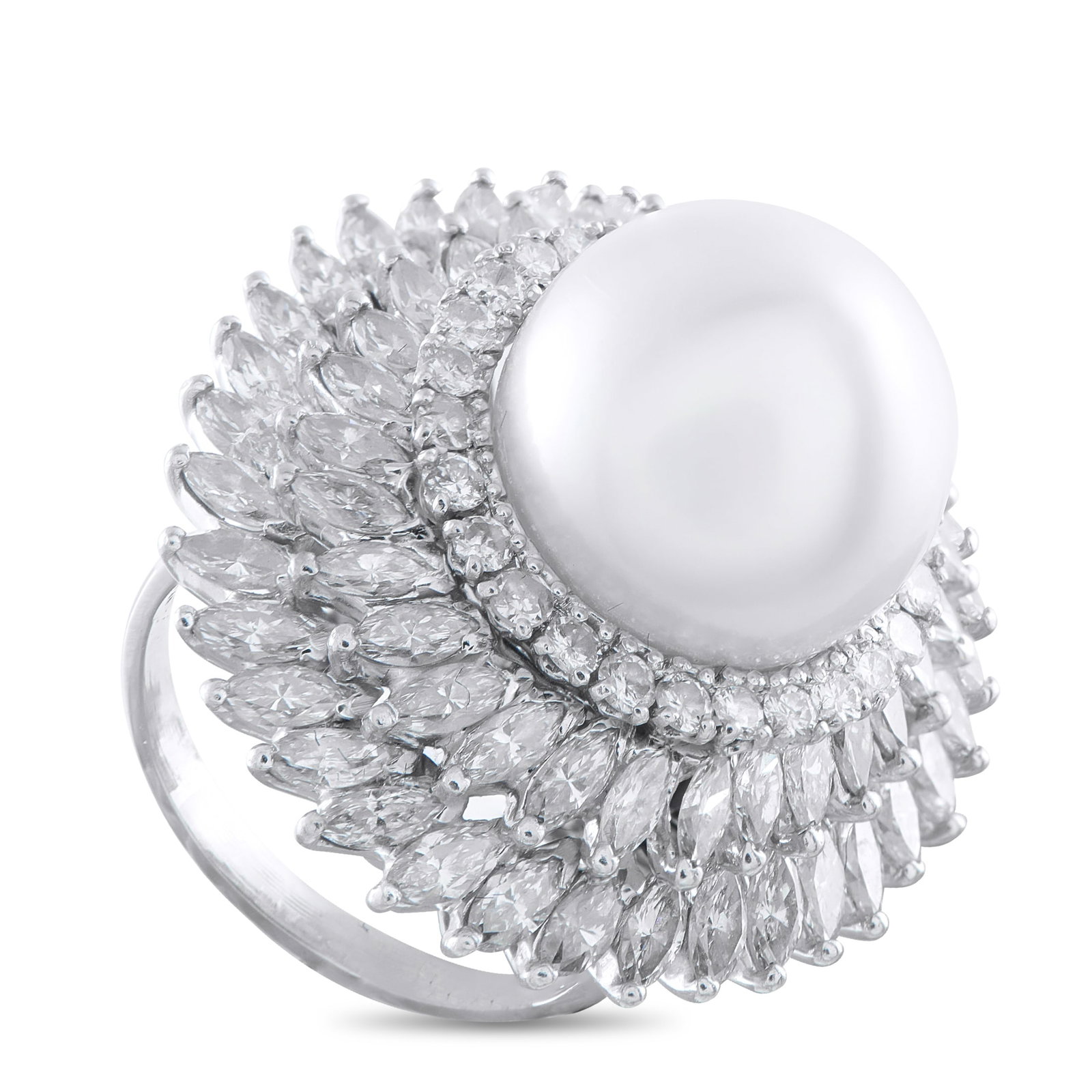 Platinum 5.0ct Diamond and Pearl Ring: On this breathtaking luxury ring, a 14mm Pearl serves as a stunning alternative to a traditional center stone. Rows upon rows of Diamonds totaling 5.0 carats allow this piece to seemingly radiate ligh