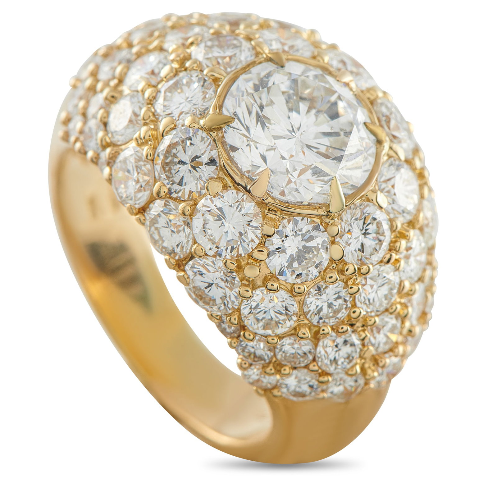 18K Yellow Gold 8.42ct Diamond Ring: This radiant ring exudes timeless luxury. The domed 18K Yellow Gold setting beautifully showcases Diamonds with a total weight of 5.60 carats. At the center, a 2.82 carat Diamond with G color and SI2 