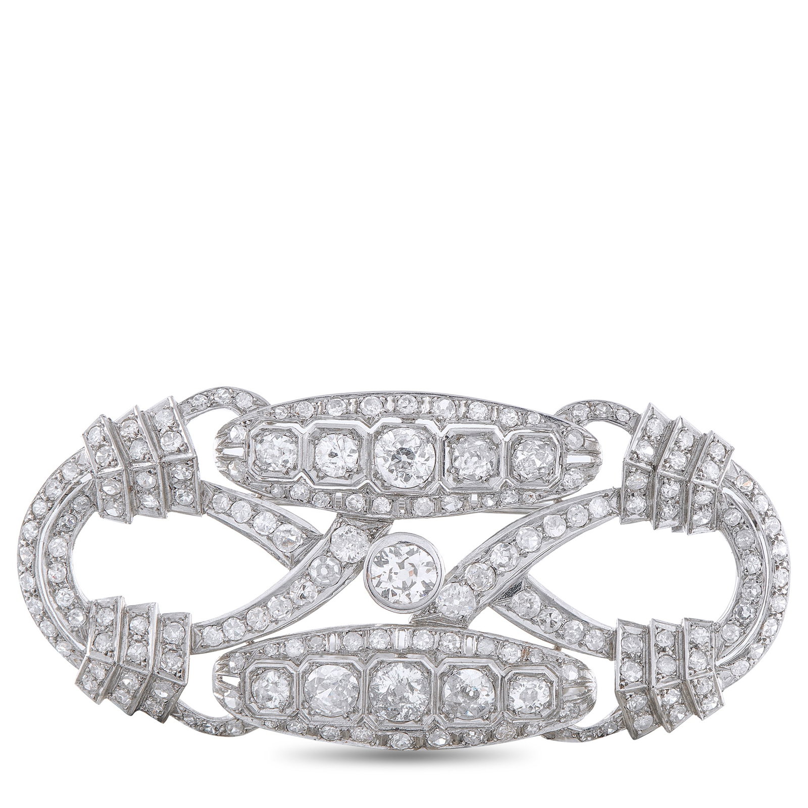Platinum 9.0ct Diamond Art Deco Brooch: An elegant openwork design makes this Art Deco brooch simply inspired. Incredibly detailed, the Platinum setting beautifully showcases Diamonds with a total weight of 9.0 carats. It measures 1.19&rdqu