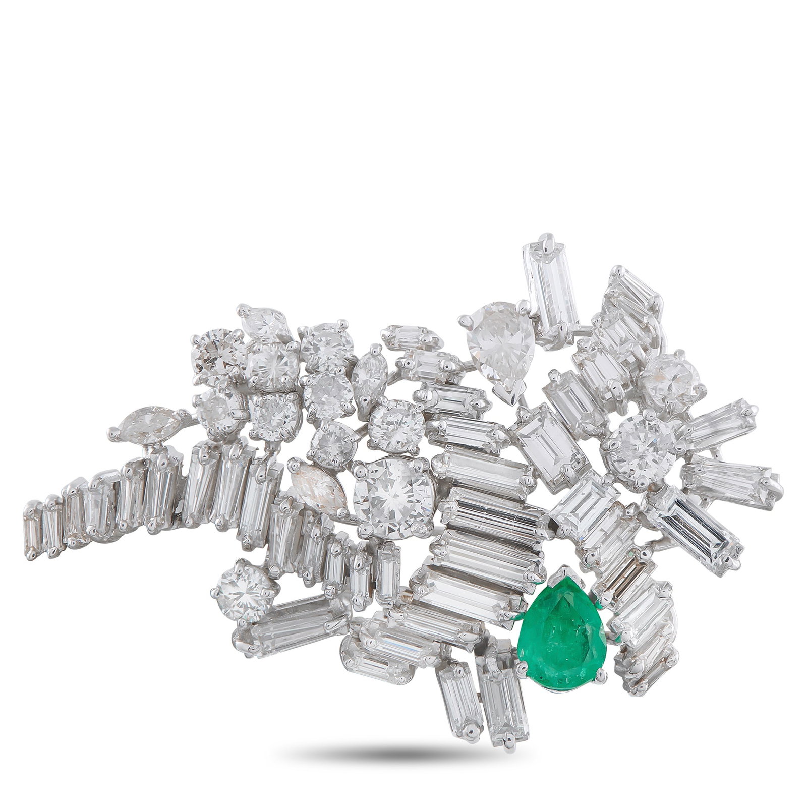 Platinum 8.50ct Diamond and Emerald Brooch: A contemporary design makes this luxury brooch an exciting addition to any ensemble. Diamonds totaling 8.50 carats add sparkle to the unique Platinum setting. A single 0.85 carat Emerald provides this