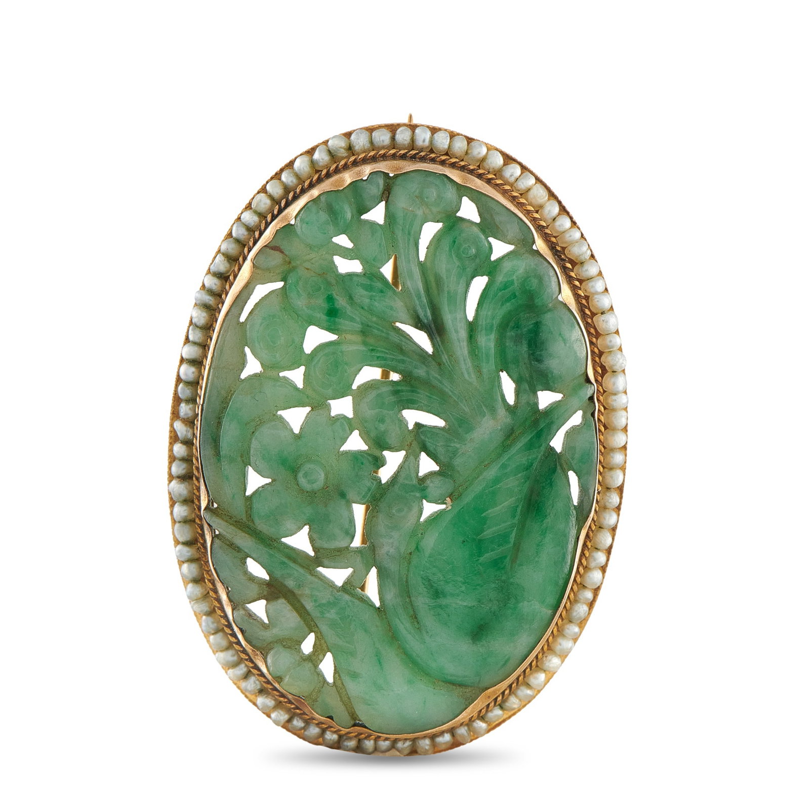 14K Rose Gold Jade and Seed Pearl Brooch: This brooch is a veritable work of art. A carved Jade center stone introduces delicate floral motifs to the elegant design. Surrounding the center stone, Seed Pearls offer an added touch of luxury. It
