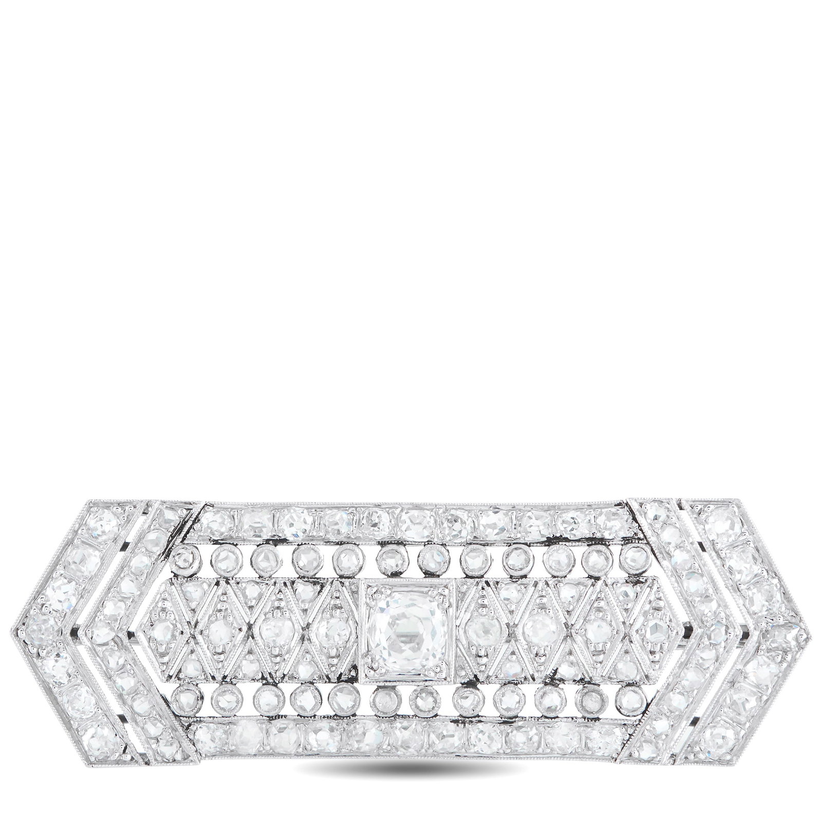 Antique 18K White Gold 3.85ct Diamond French Brooch: Add old fashioned elegance to any ensemble with this exquisite antique French brooch. The symmetrical 18K White Gold setting draws inspiration from Art Deco design, while Diamonds with a total weight 
