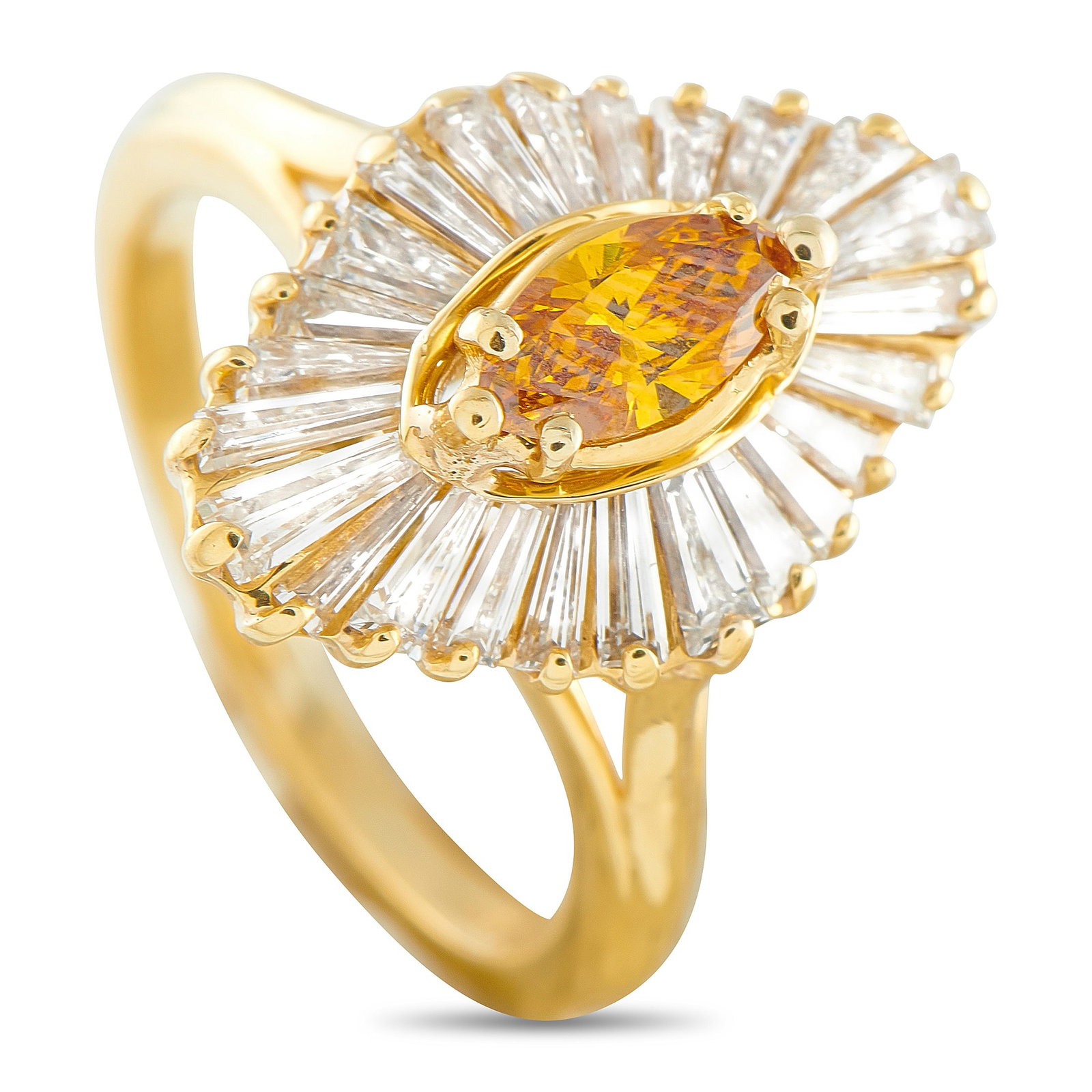 18K Yellow Gold 1.58ct Diamond Marquise Ballerina Ring: Presenting a rhythmic dance of light and geometry, this ring presents a truly graceful silhouette. It features a 0.38-carat fancy yellow marquise diamond held by triplets of prongs at its sharpest poi