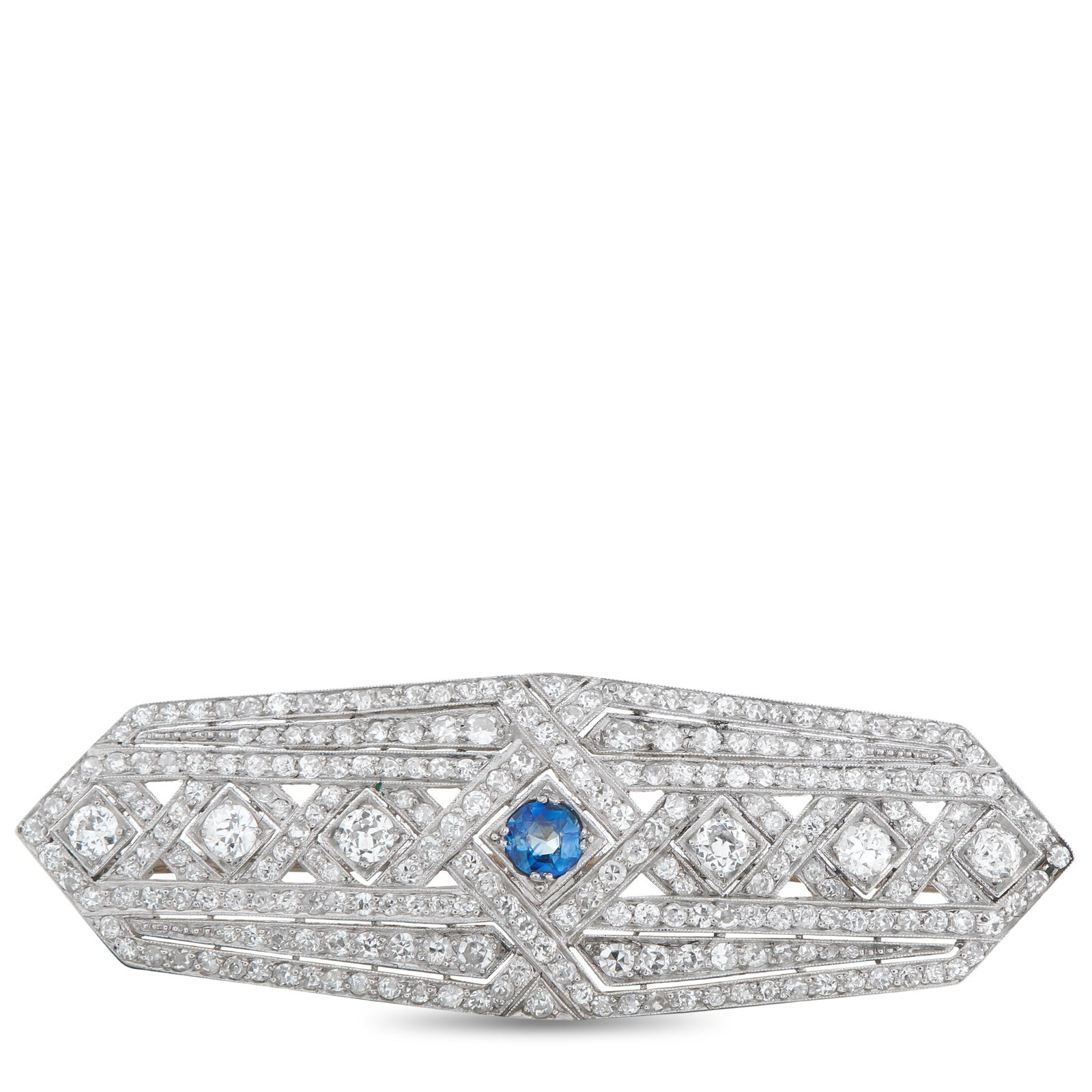 Platinum 4.0ct Diamond and Sapphire Brooch: This brooch exudes Art Deco elegance. Set in Platinum, Diamonds with a total weight of 4.0 carats add a touch of luxury to the stunning symmetrical setting. A 0.45 carat Sapphire at the center serves 