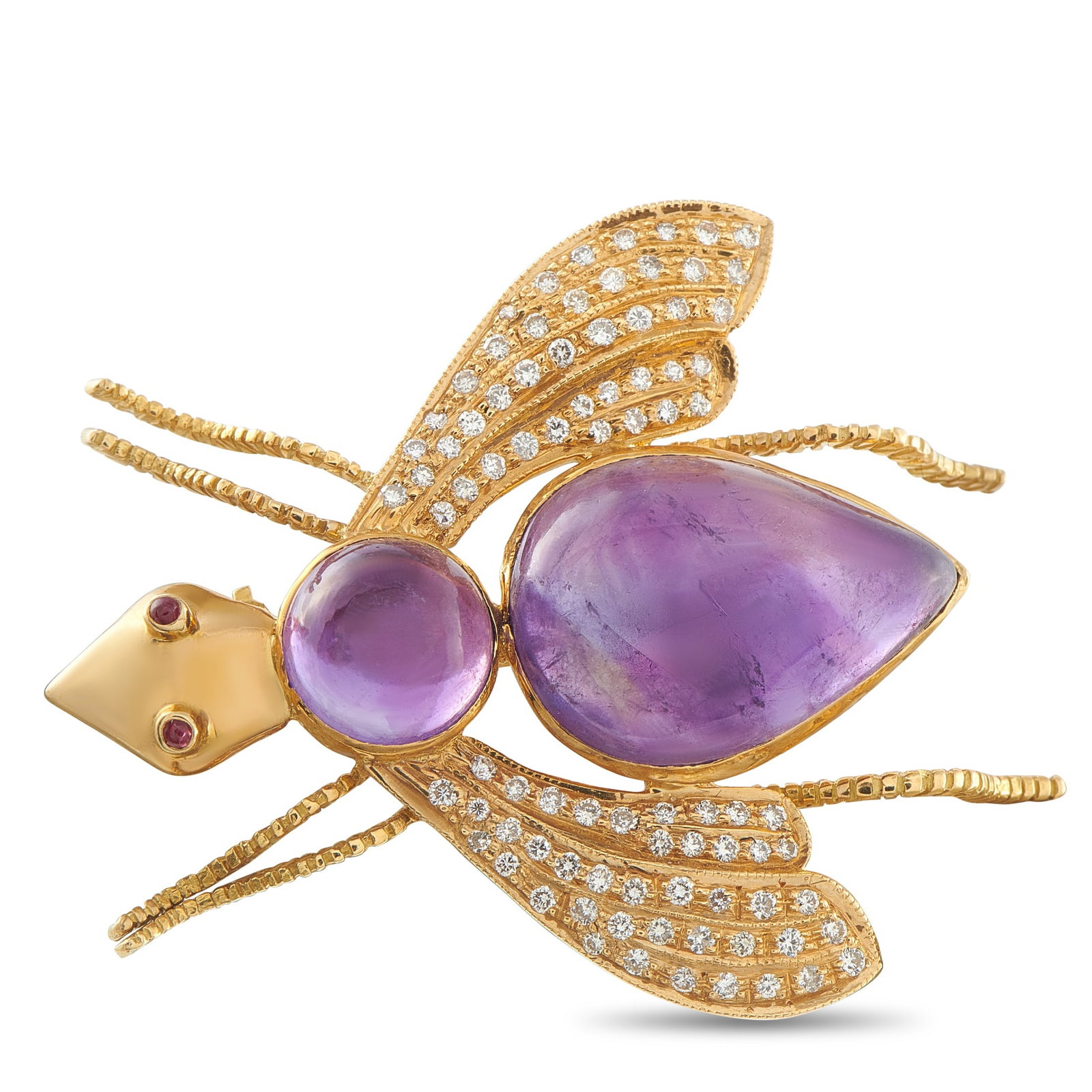 18K Yellow Gold 0.90ct Diamond Insect Brooch: This 18K Yellow Gold brooch draws inspiration from the natural world. Shaped like a delicate insect, purple stones and Diamonds with a total weight of 0.90 carats make this a luxury piece that will co