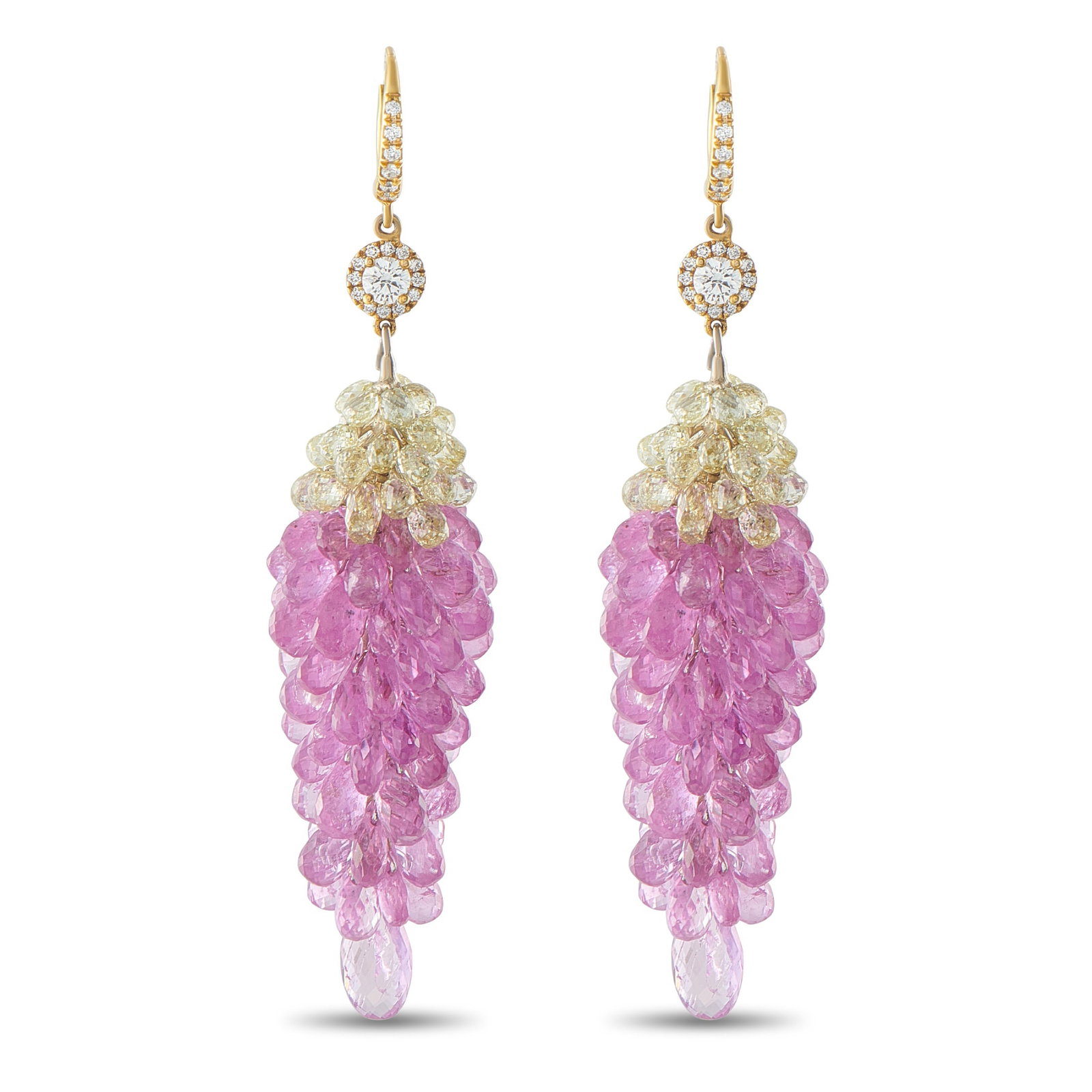 18K Yellow Gold 6.60ct Diamond and Sapphire Earrings: These luxury earrings are designed to add color, texture, and movement to any ensemble. Clusters of Sapphires totaling 50.0 carats allow these earrings to come alive with color. At the base, sparkling