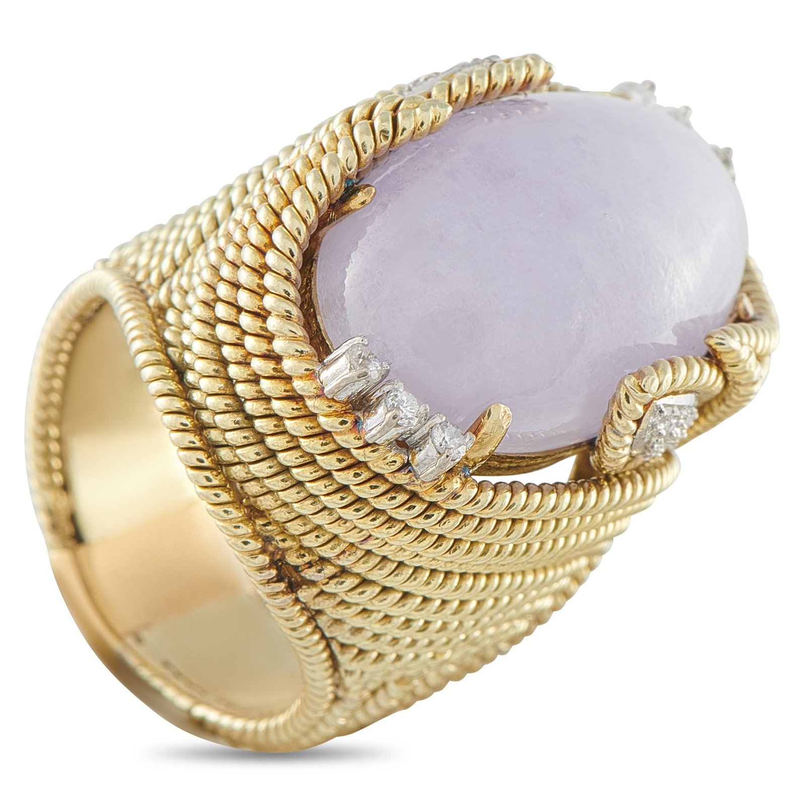 18K Yellow Gold 0.14ct Diamond and Jade Ring: A coiled setting crafted from 18K Yellow Gold makes this ring impossible to ignore. The bold, breathtaking design is further elevated by a stunning, purple-hued Jade center stone. Diamond accents tota