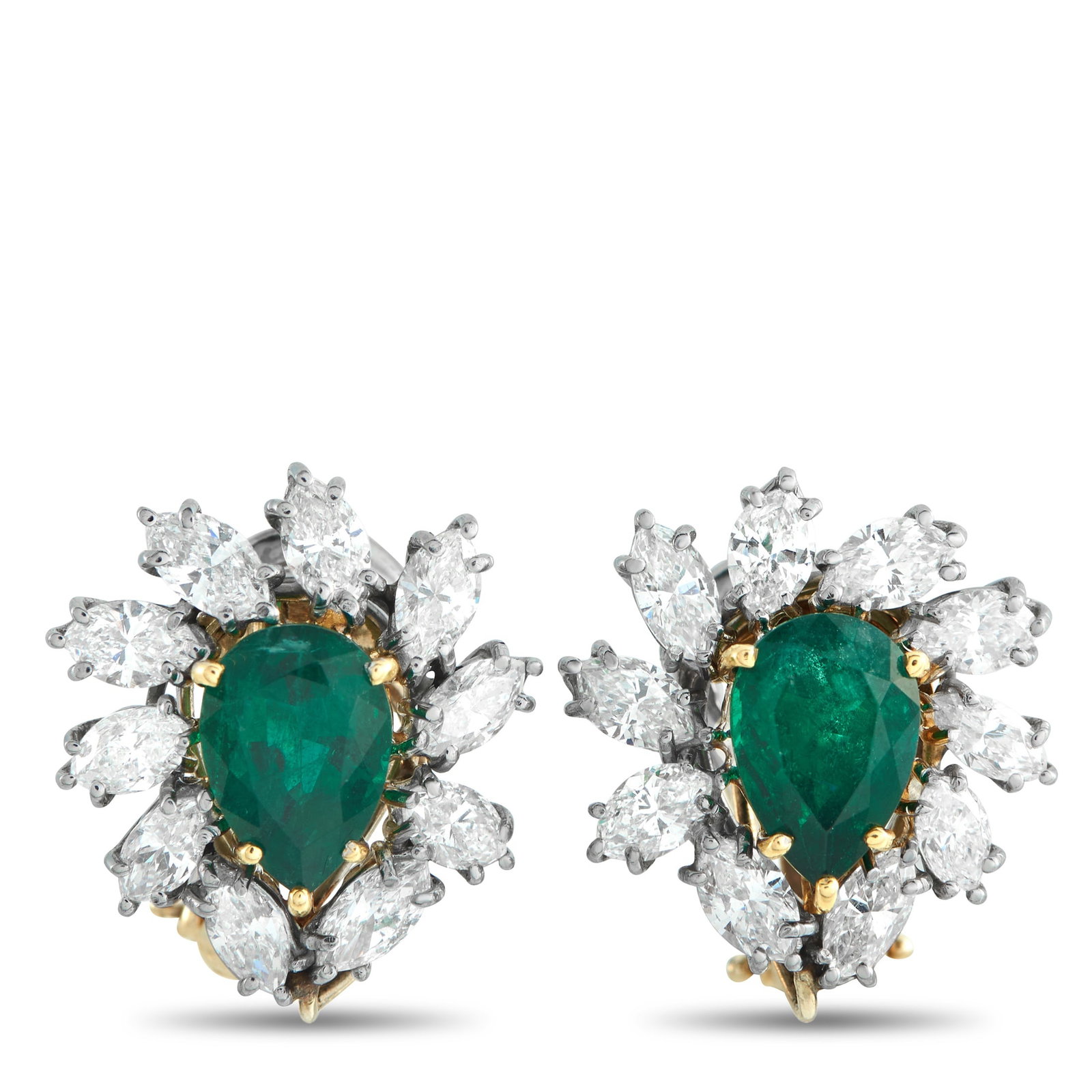 Platinum and 18K Yellow Gold 3.0ct Diamond and Emerald Earrings: Elegant earrings with a light, playful touch. Each earring holds a pear-cut emerald held in yellow gold prongs. Marquise-cut diamonds in platinum prongs encircle the green stone in a diagonal, pinwhee