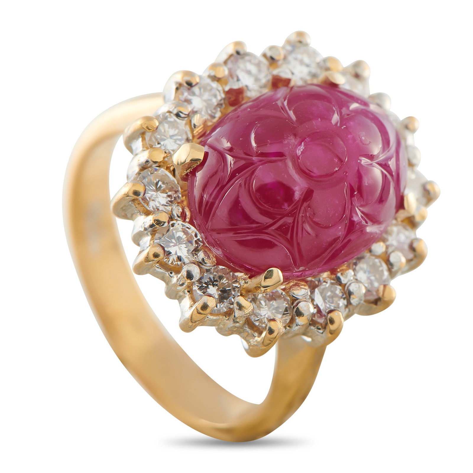 18K Yellow Gold 0.84ct Diamond and Ruby Ring: A floral motif carved upon the 7.90 carat Ruby center stone makes this luxury ring simply unforgettable. Set in 18K Yellow Gold, a halo of Diamonds totaling 0.84 carats provides this piece with endles