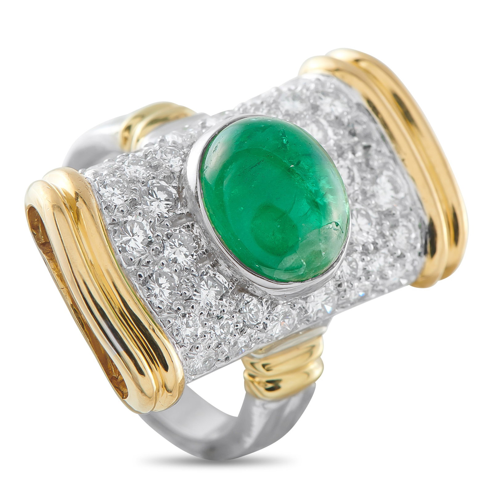 Platinum and 18K Yellow Gold 1.65ct Diamond and Emerald Ring: A stylish north-south setting makes this luxury ring incredibly eye-catching. Set in Platinum, 18K Yellow Gold accents and a 3.20 carat Emerald center stone add color and dimension to the dynamic desi