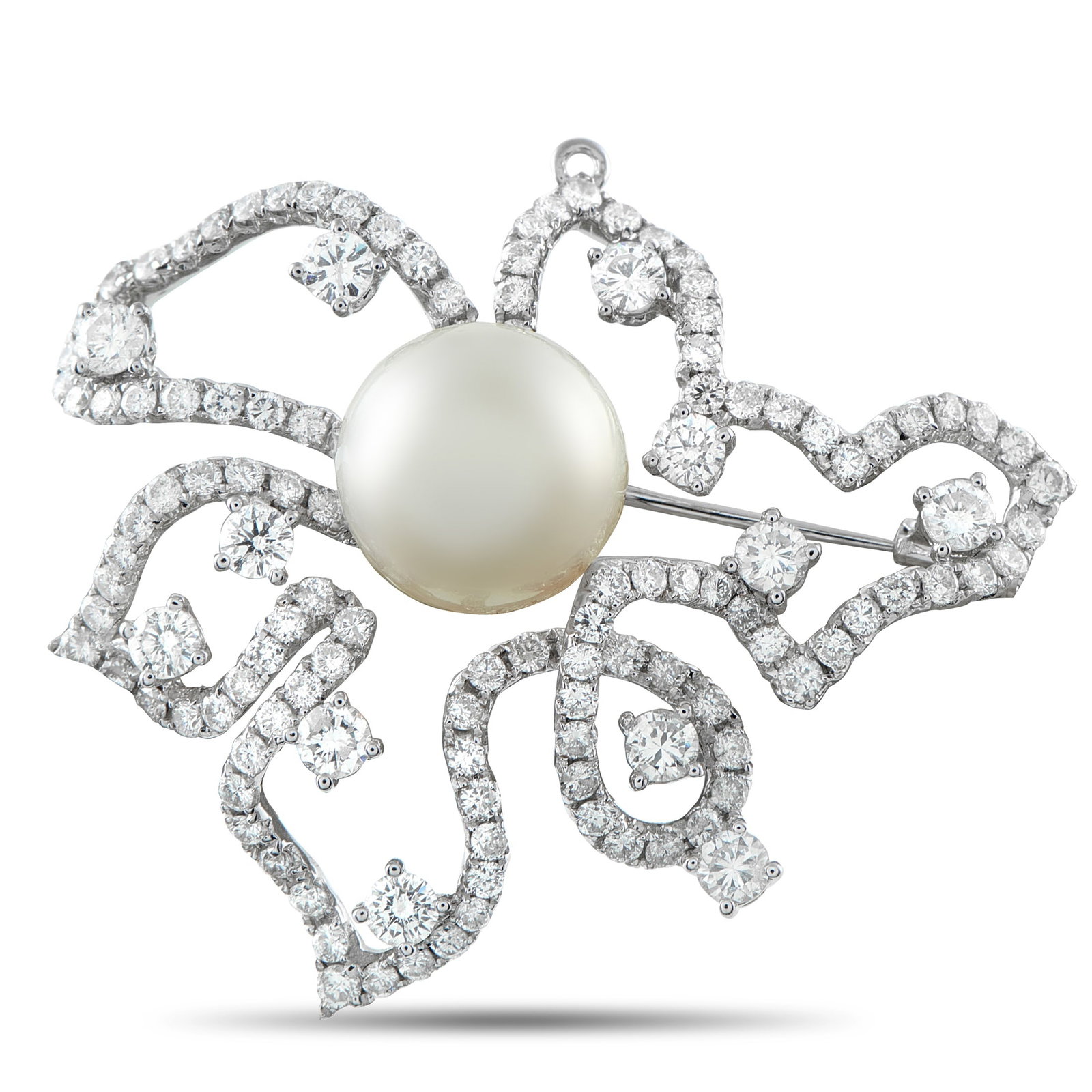 18K White Gold 5.0 ct Diamond and Pearl Brooch: The perfect accessory for dark evening wear, this brooch transforms the deep tones of a lapel or gown into a dramatic backdrop. The brooch is defined by sweeping and curving ribbons of white gold, tra