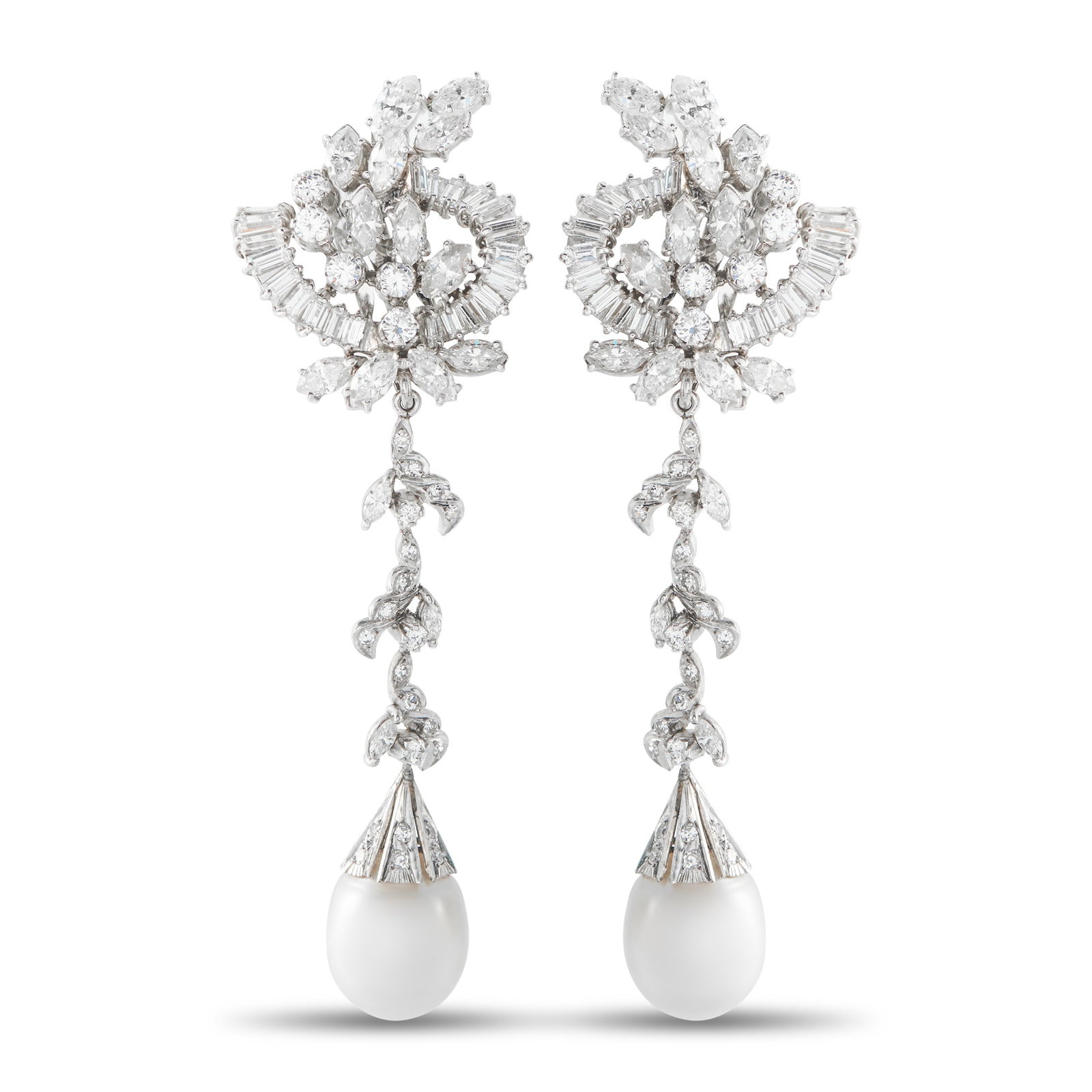 Platinum 7.0ct Diamond and Pearl Earrings: Pearls measuring 12.2mm dangle delicately on these radiant earrings. Set in Platinum, Diamonds with a total weight of 7.0 carats make them impressive enough for even your most special occasions. Each