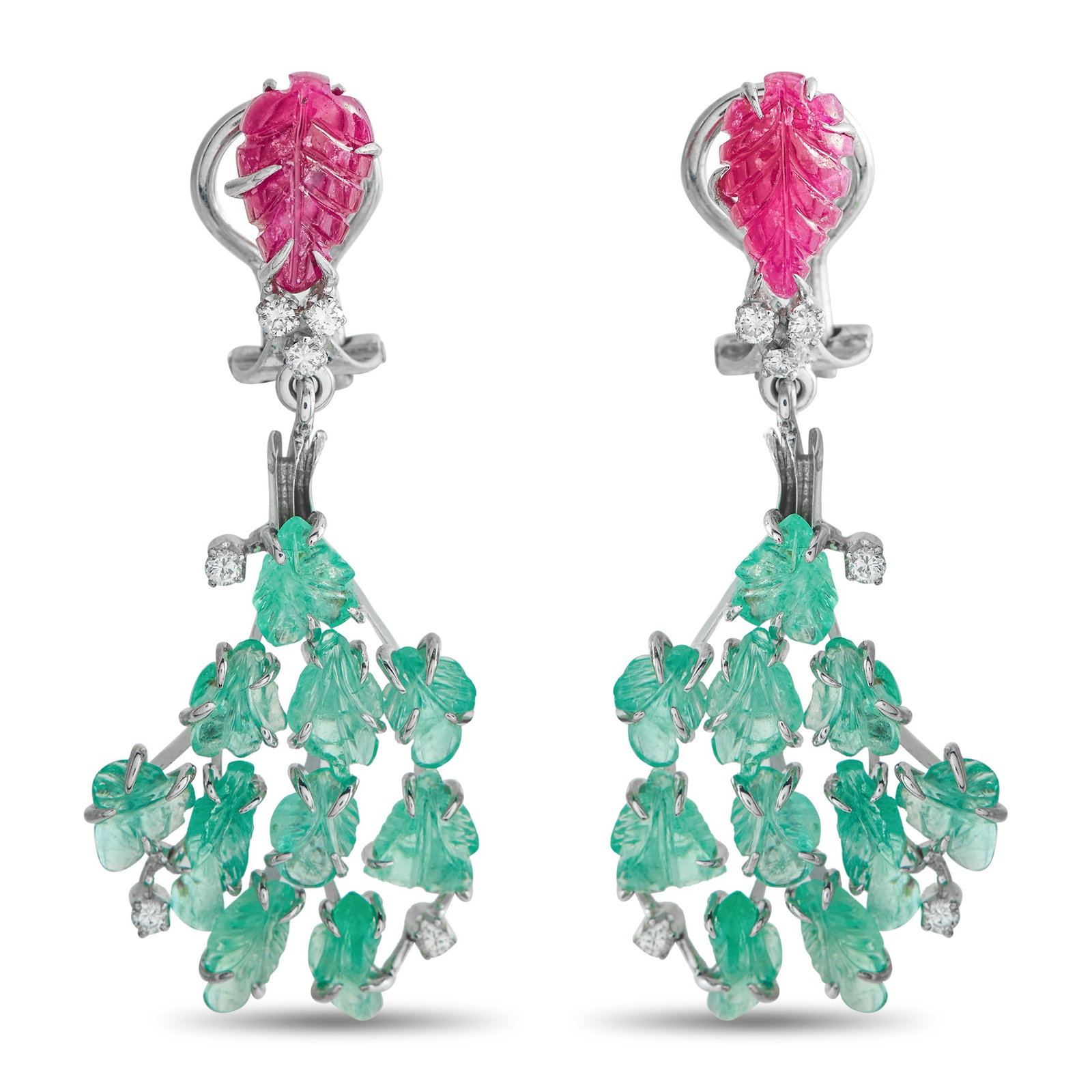 18K White Gold 0.24ct Diamond, Emerald, and Ruby Earrings: A unique design makes these earrings unlike anything you’ve seen before. With Ruby gemstones totaling 4.0 carats and Emeralds totaling 10.0 carats carved into intricate leaf motifs, these earrings