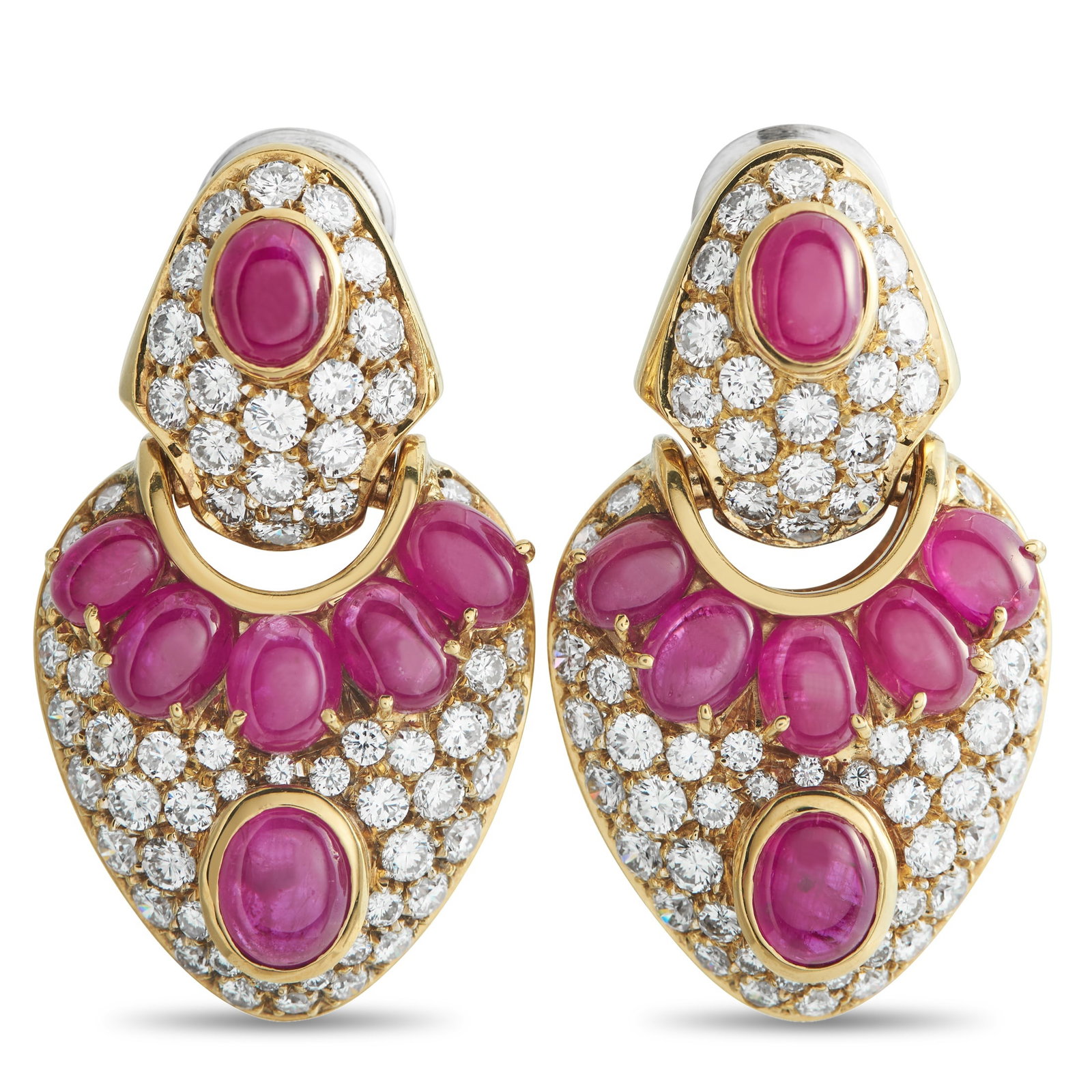 18K Yellow Gold 6.0ct Diamond and Ruby Earrings: Set in 18K yellow gold, these earrings present a saturated display of color and light. Led by cabochon rubies totaling 9.50 carats and diamonds weighing 6.0 carats, the rubies’ vivid tone stands out