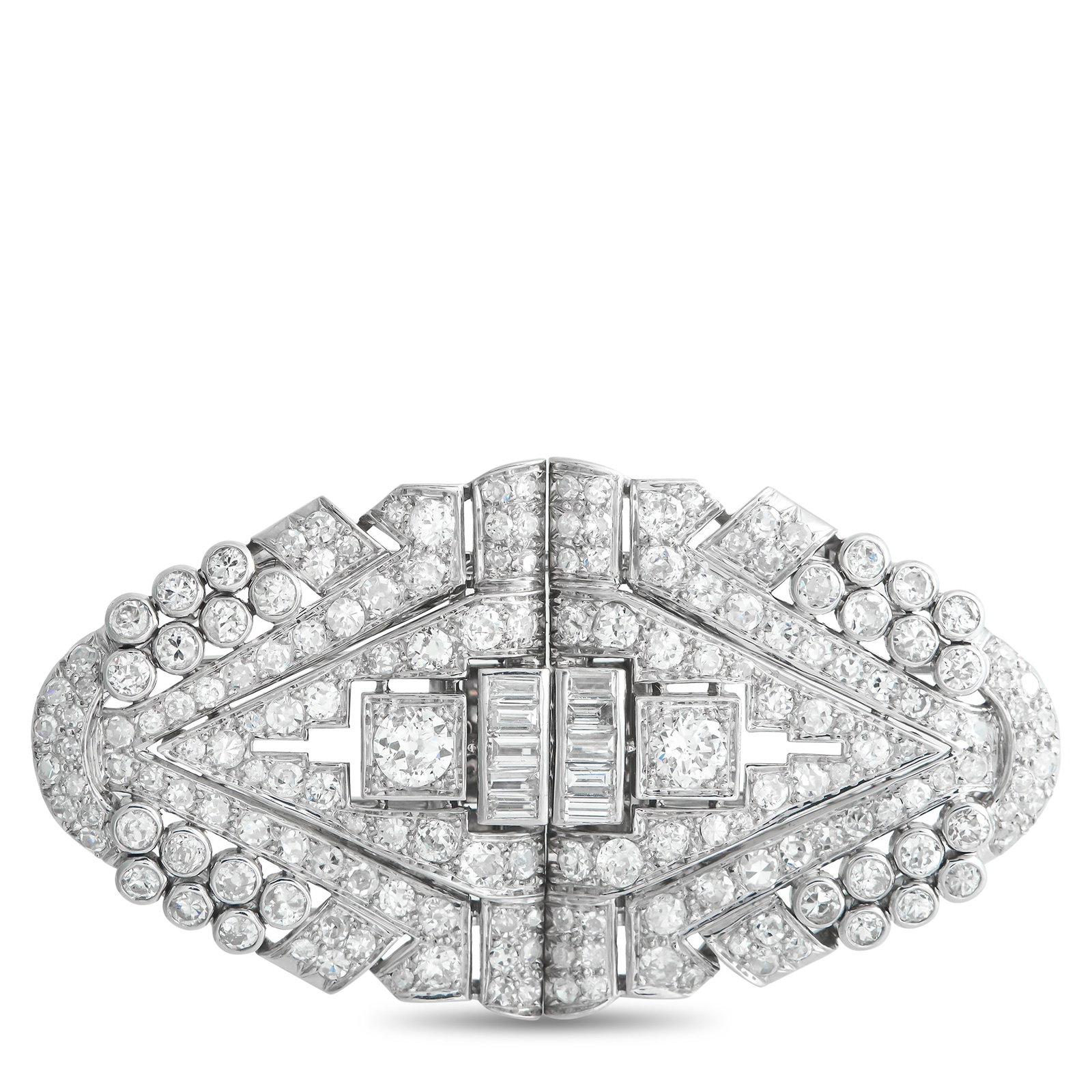 Platinum 10.50ct Diamond Brooch: Covered in sparkling Diamonds with a total weight of 10.50 carats, this brooch will continually impress. Incredibly elegant, the Platinum setting features a geometric design that draws inspiration fro