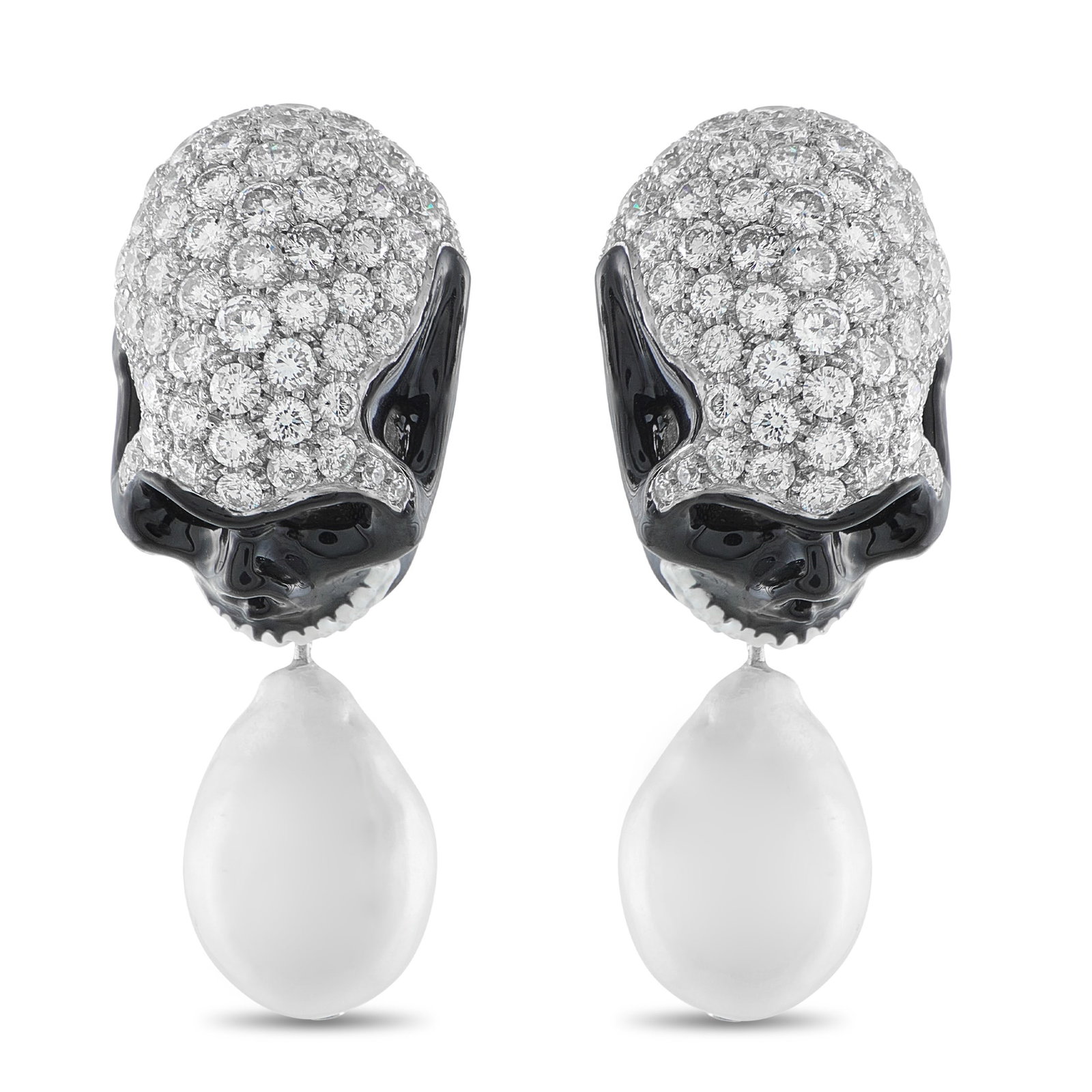 18K White Gold 10.50ct Diamond and Pearl Skull Earrings: These earrings perfectly combine high-end luxury with contemporary attitude. The skull-shaped settings shine to life thanks to striking black accents and inset Diamonds with a total weight of 10.50